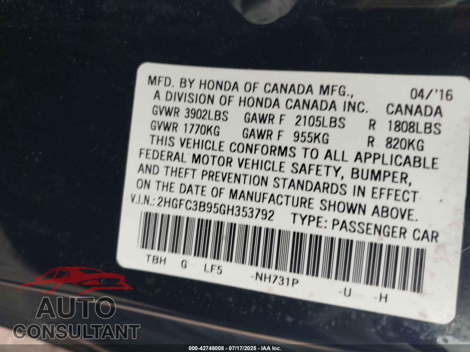 HONDA CIVIC 2016 - 2HGFC3B95GH353792