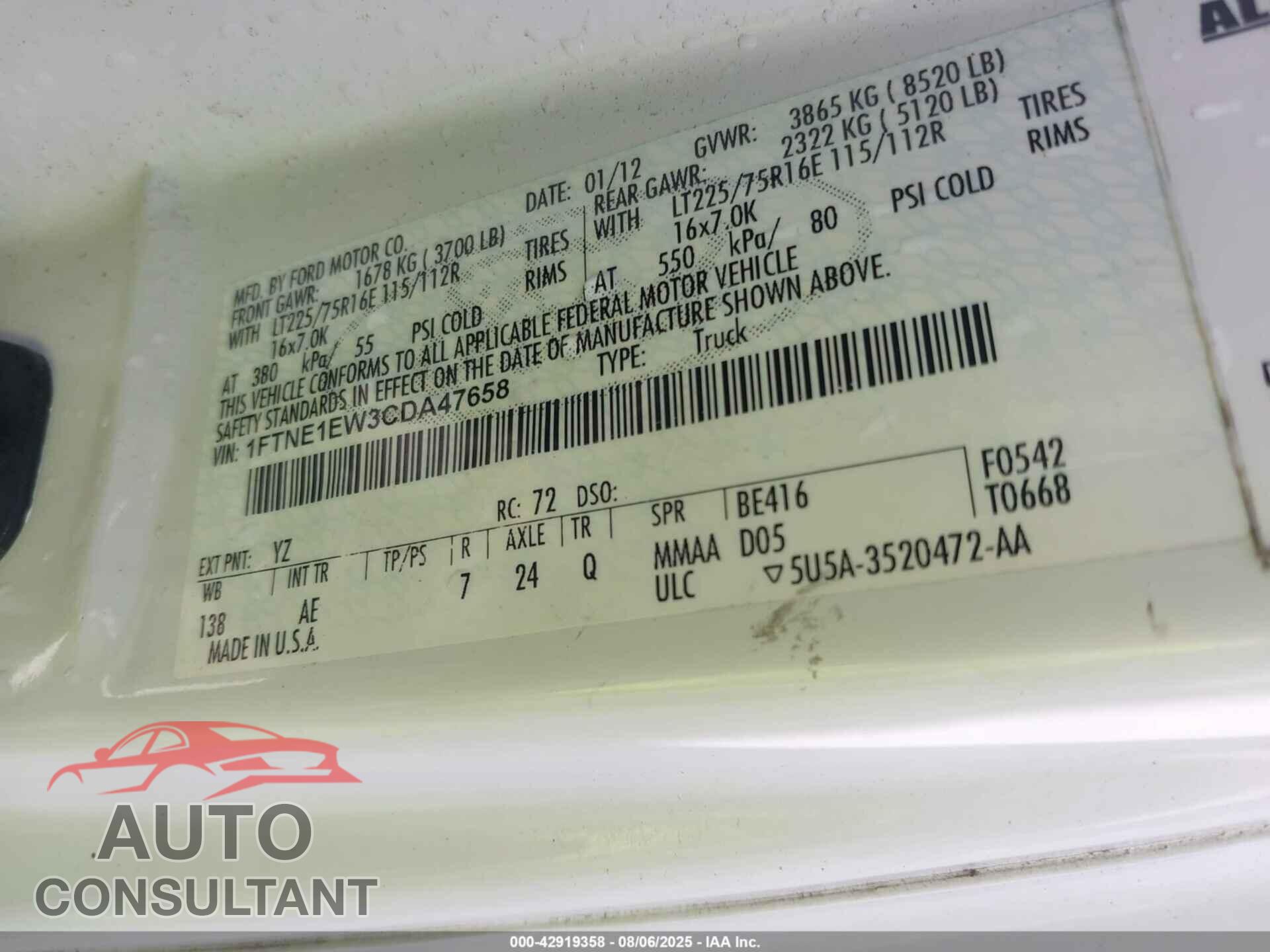 FORD E-150 2012 - 1FTNE1EW3CDA47658