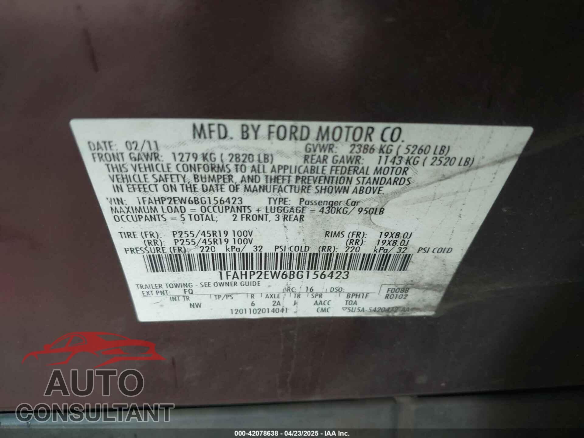 FORD TAURUS 2011 - 1FAHP2EW6BG156423