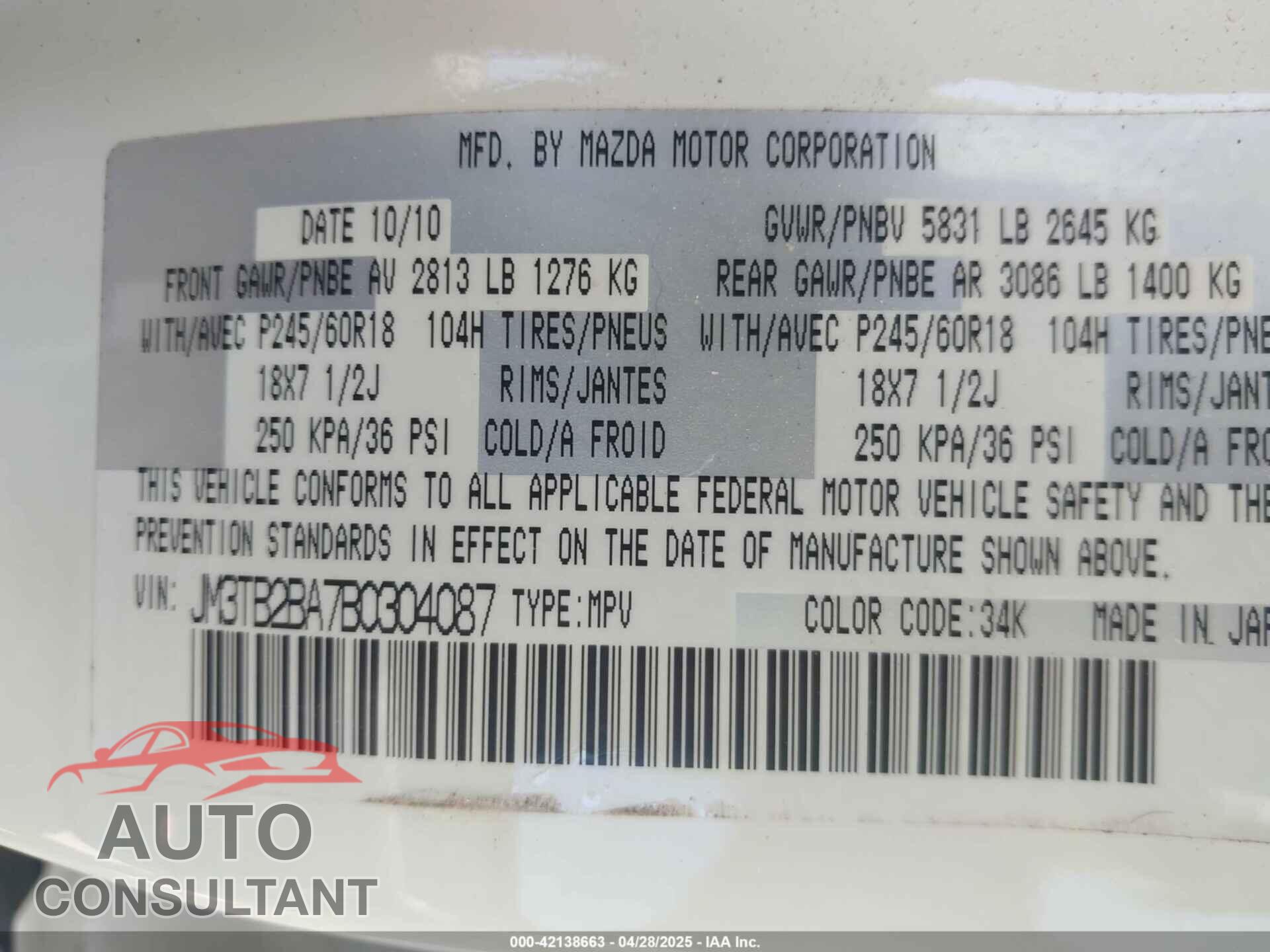 MAZDA CX-9 2011 - JM3TB2BA7B0304087