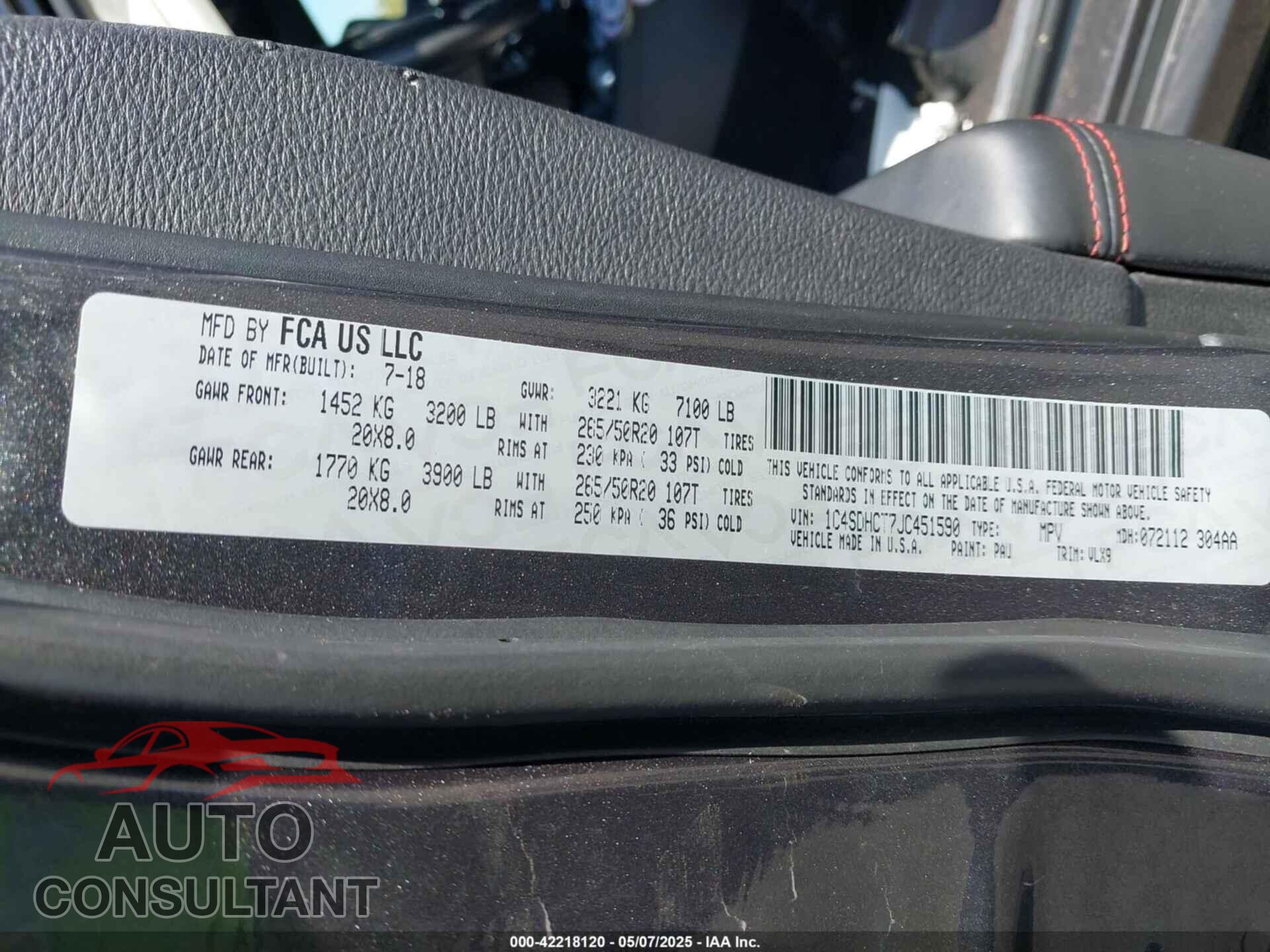 DODGE DURANGO 2018 - 1C4SDHCT7JC451590