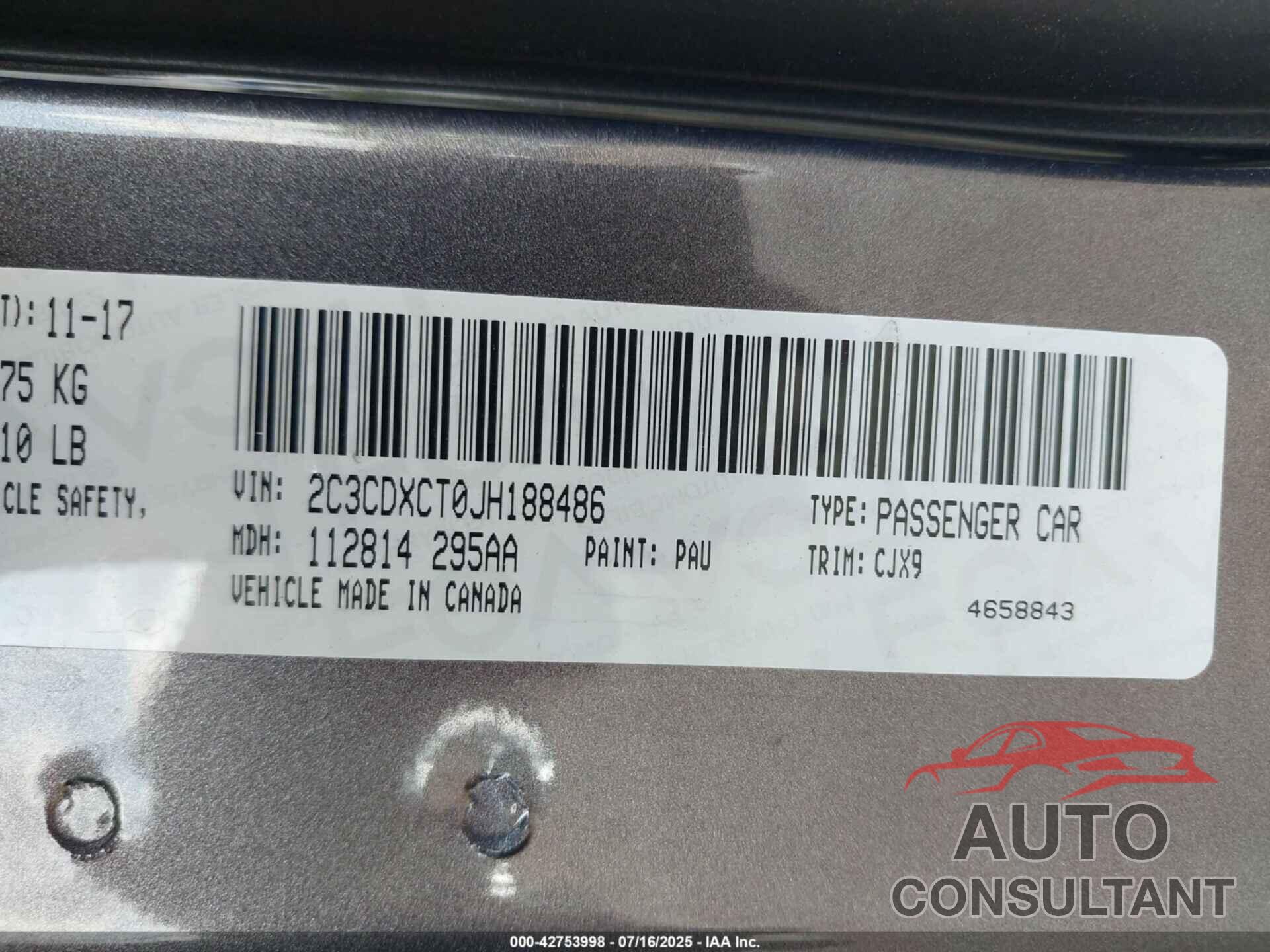 DODGE CHARGER 2018 - 2C3CDXCT0JH188486