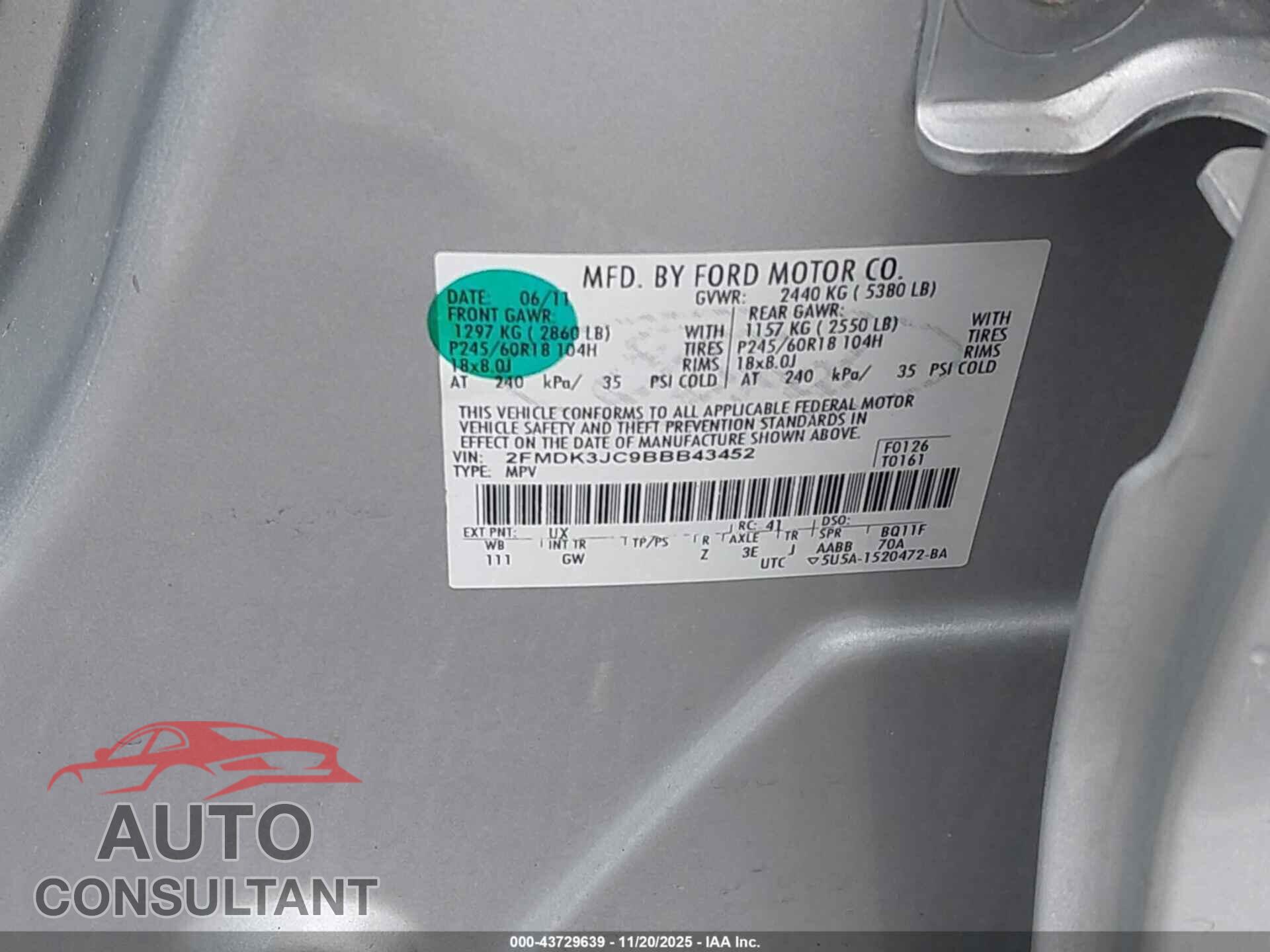 FORD EDGE 2011 - 2FMDK3JC9BBB43452