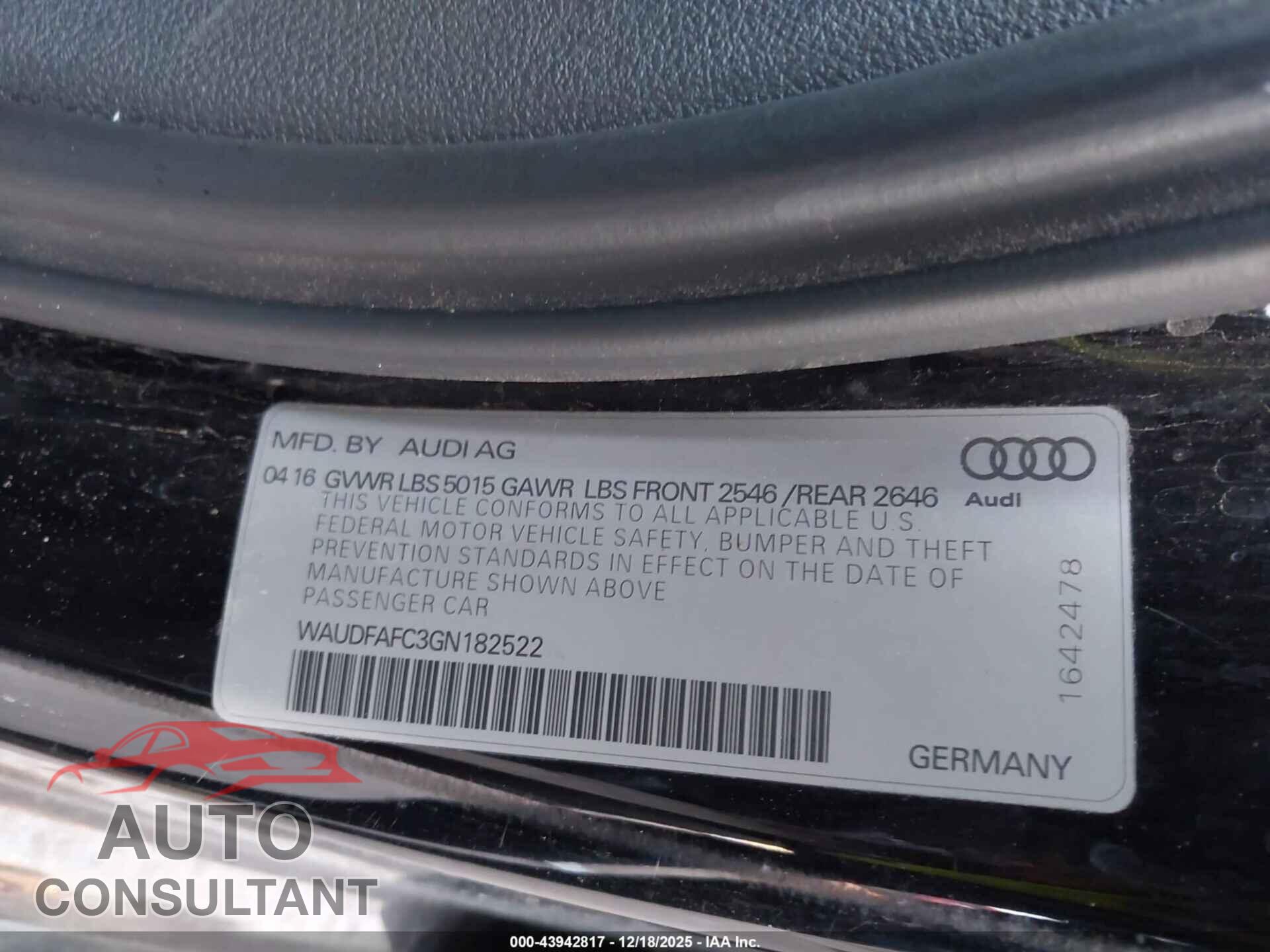 AUDI A6 2016 - WAUDFAFC3GN182522