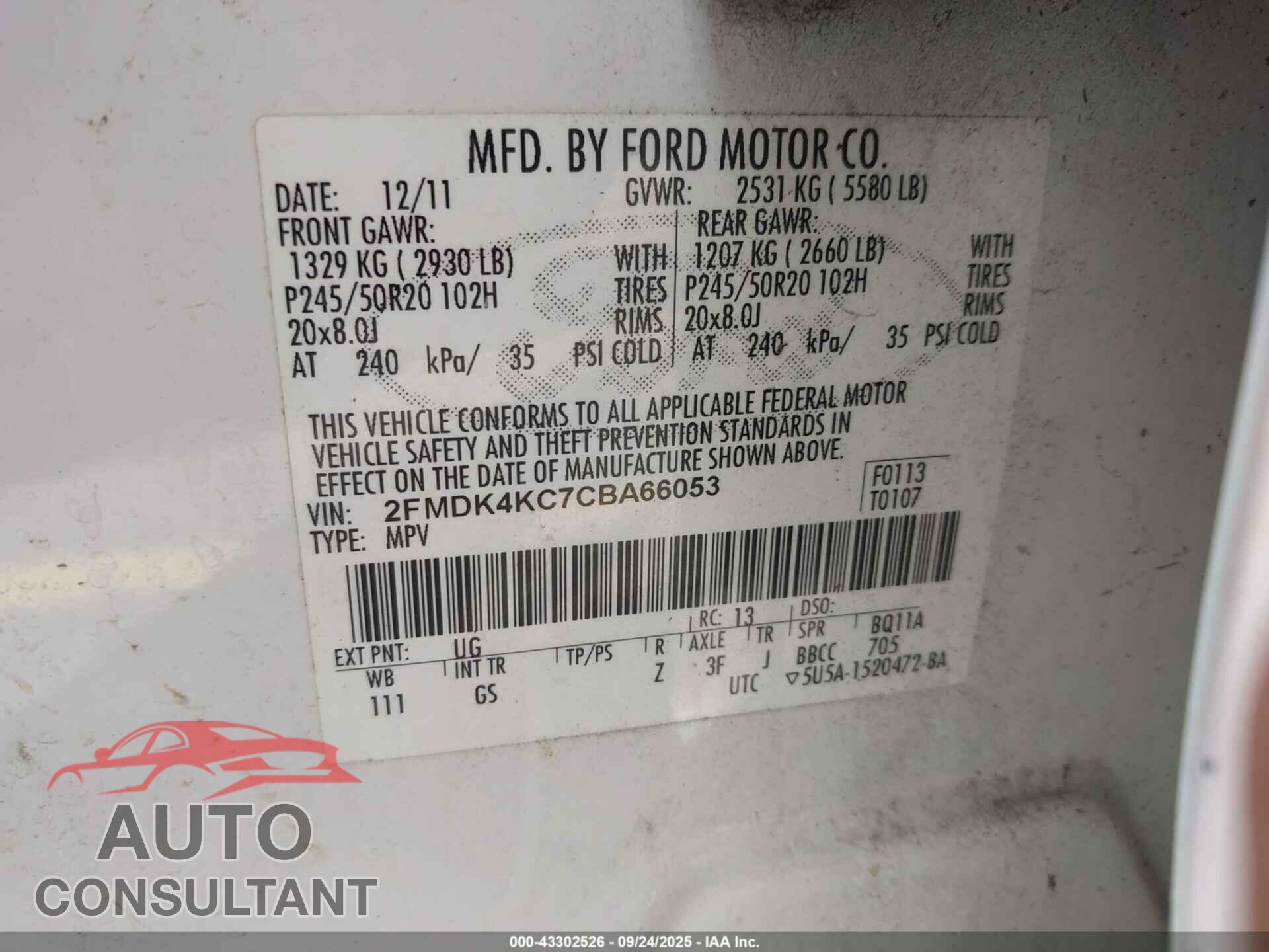 FORD EDGE 2012 - 2FMDK4KC7CBA66053