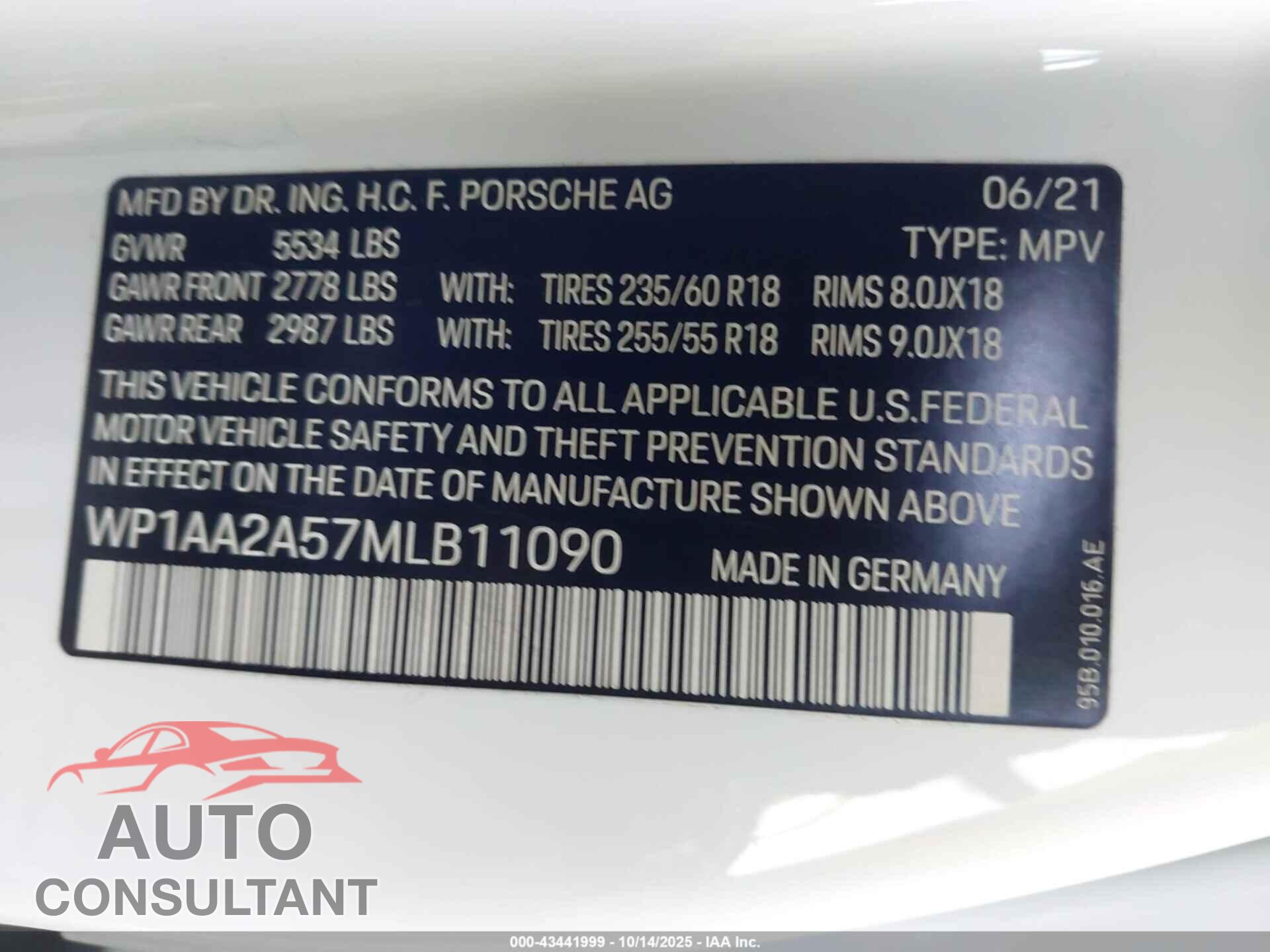 PORSCHE MACAN 2021 - WP1AA2A57MLB11090