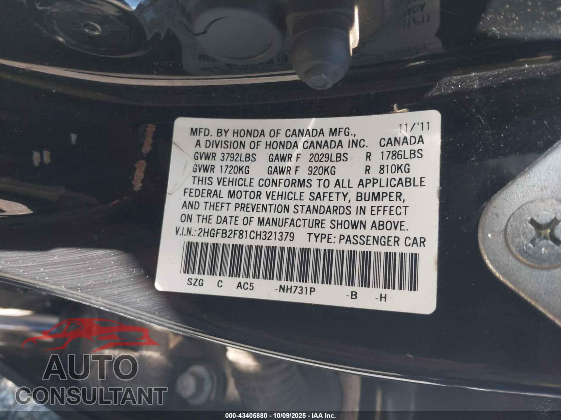 HONDA CIVIC 2012 - 2HGFB2F81CH321379