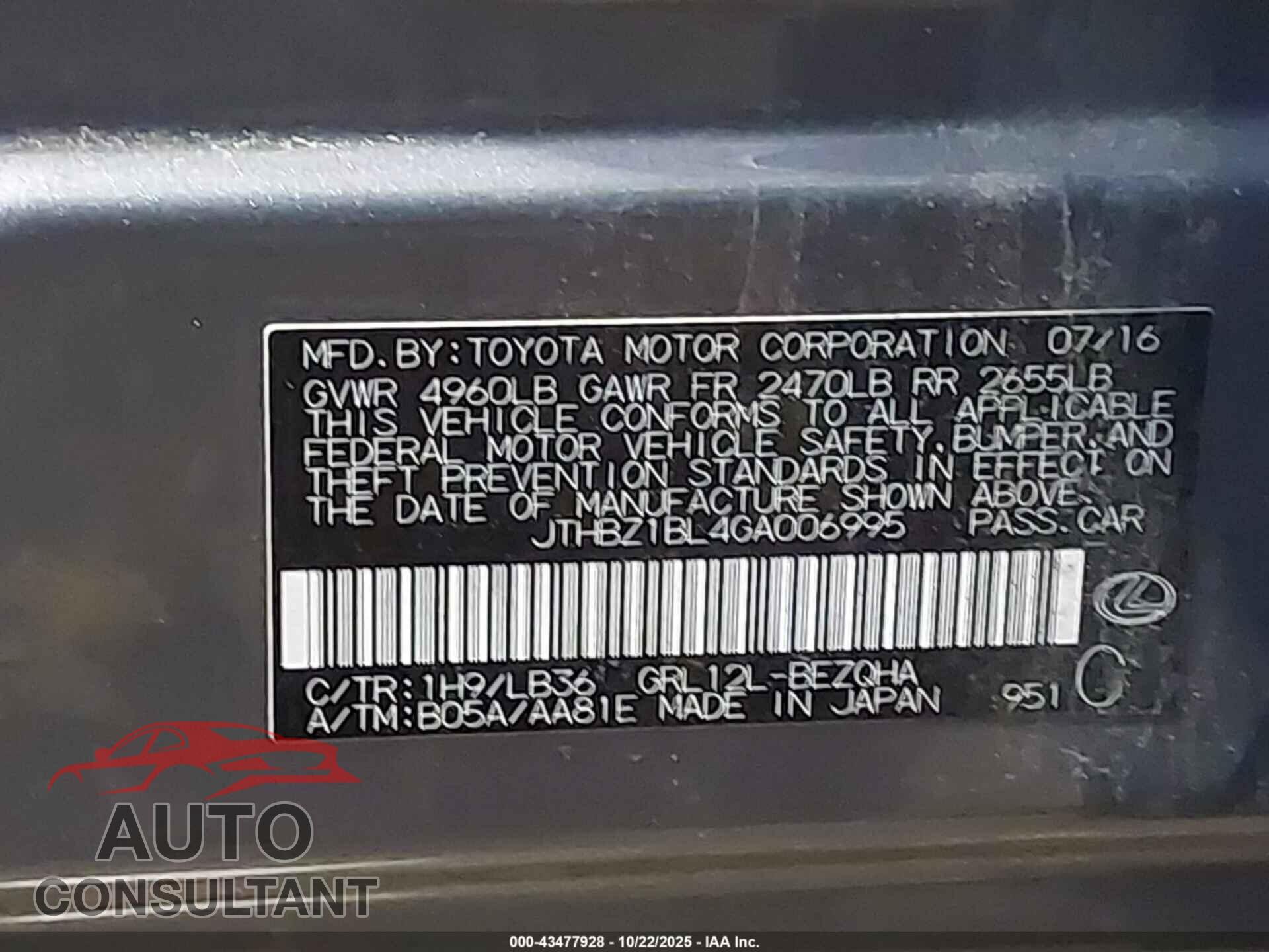 LEXUS GS 350 2016 - JTHBZ1BL4GA006995