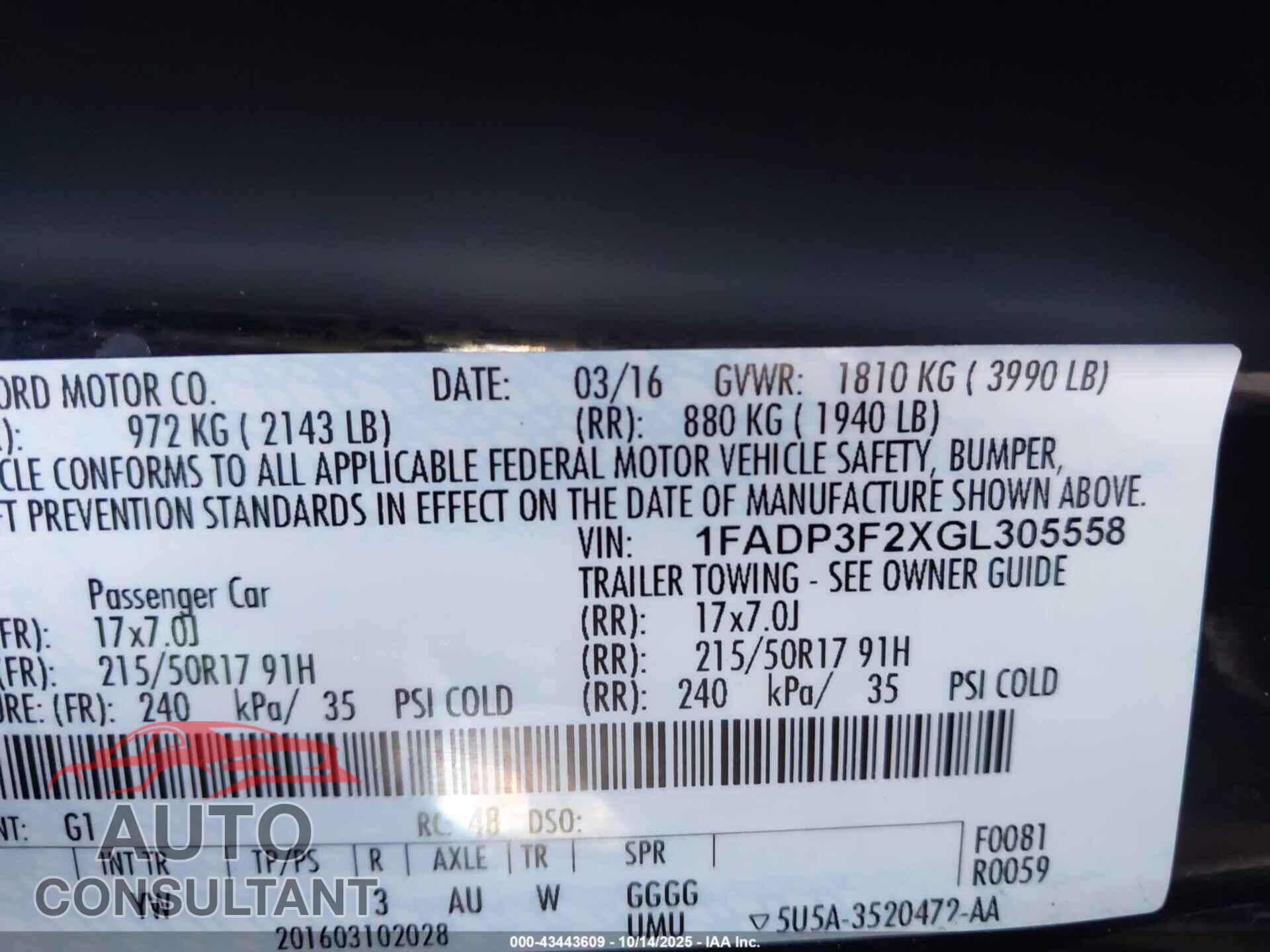 FORD FOCUS 2016 - 1FADP3F2XGL305558