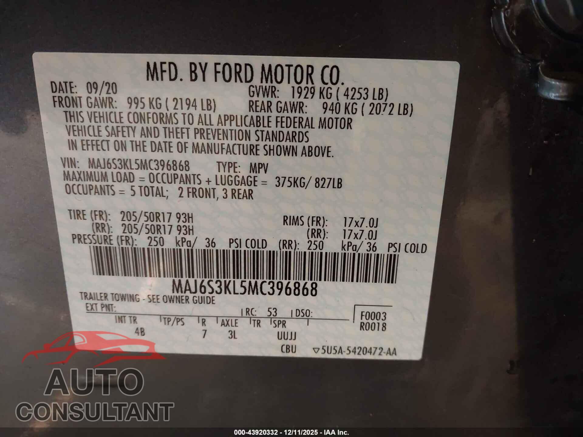 FORD ECOSPORT 2021 - MAJ6S3KL5MC396868