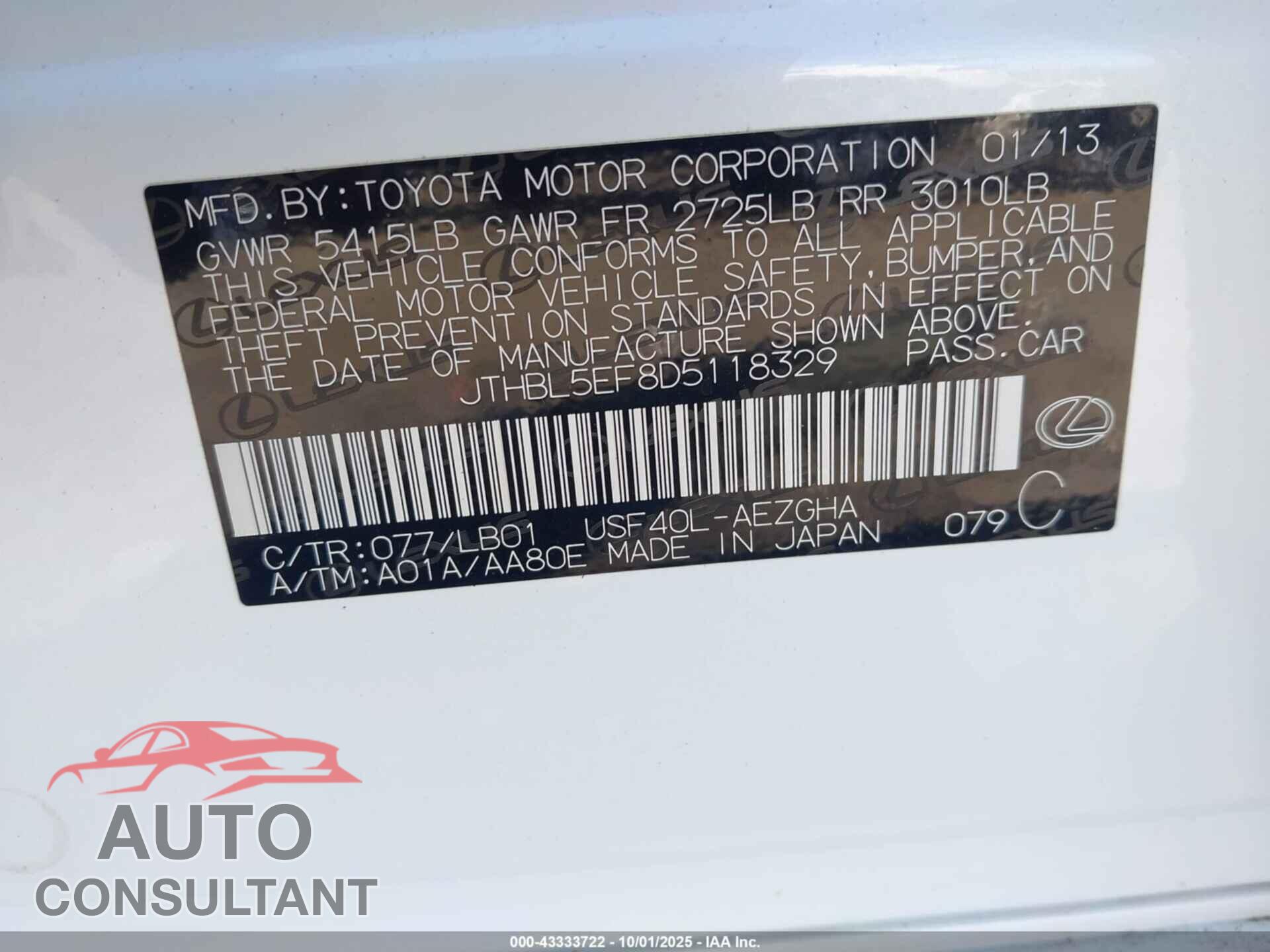 LEXUS LS 460 2013 - JTHBL5EF8D5118329