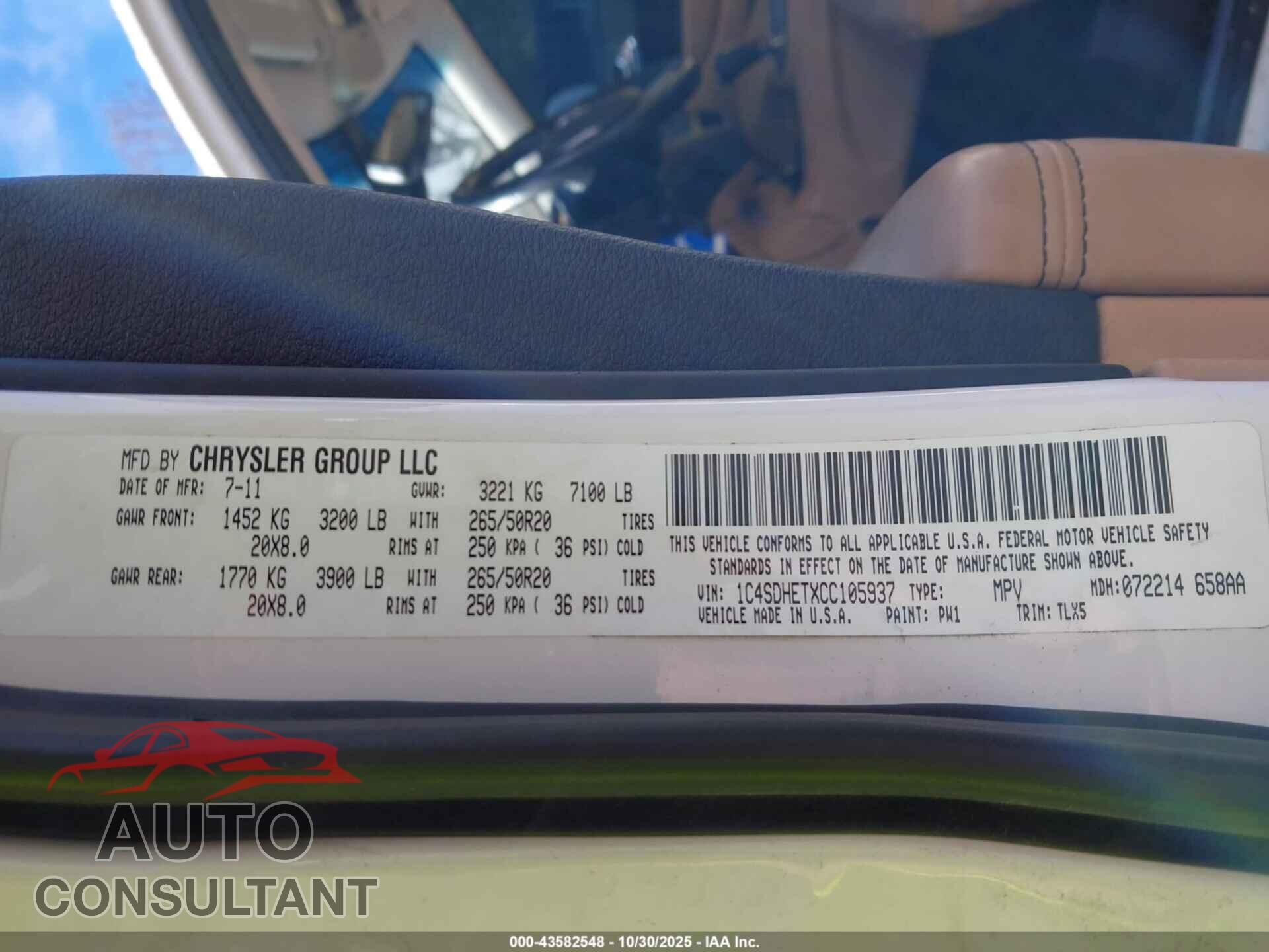 DODGE DURANGO 2012 - 1C4SDHETXCC105937