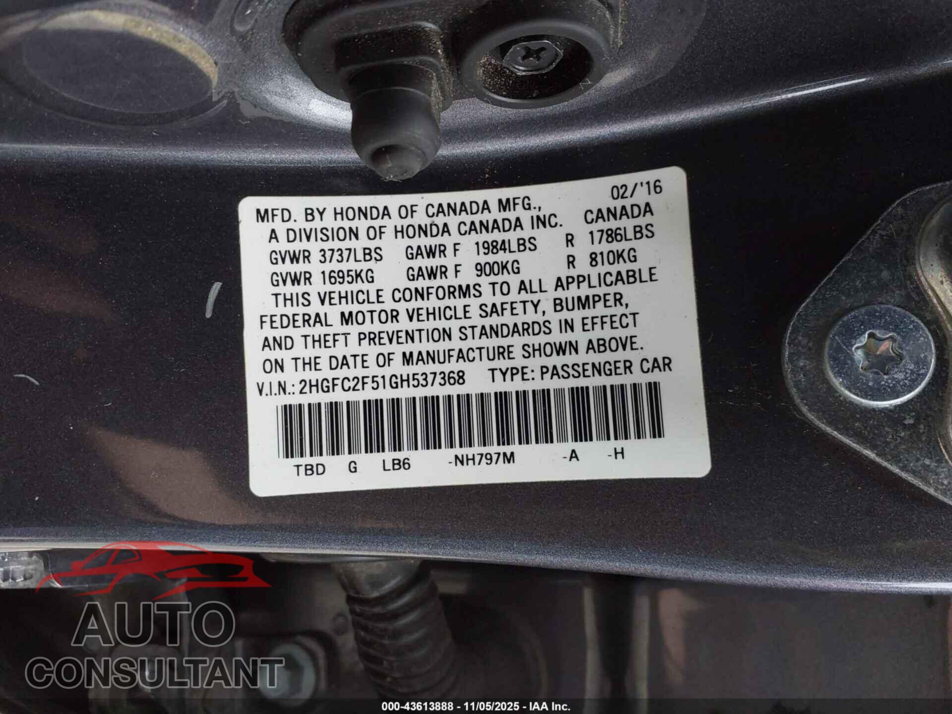 HONDA CIVIC 2016 - 2HGFC2F51GH537368
