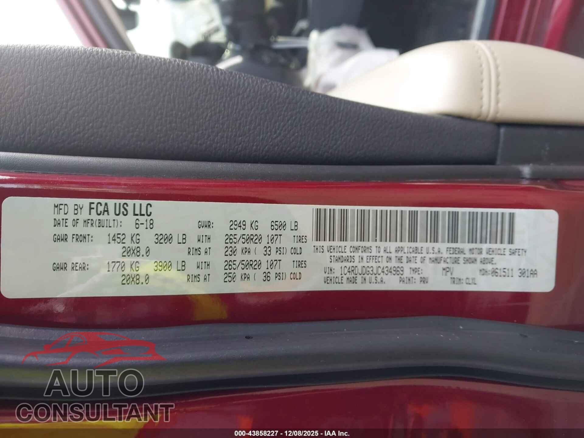 DODGE DURANGO 2018 - 1C4RDJDG3JC434969