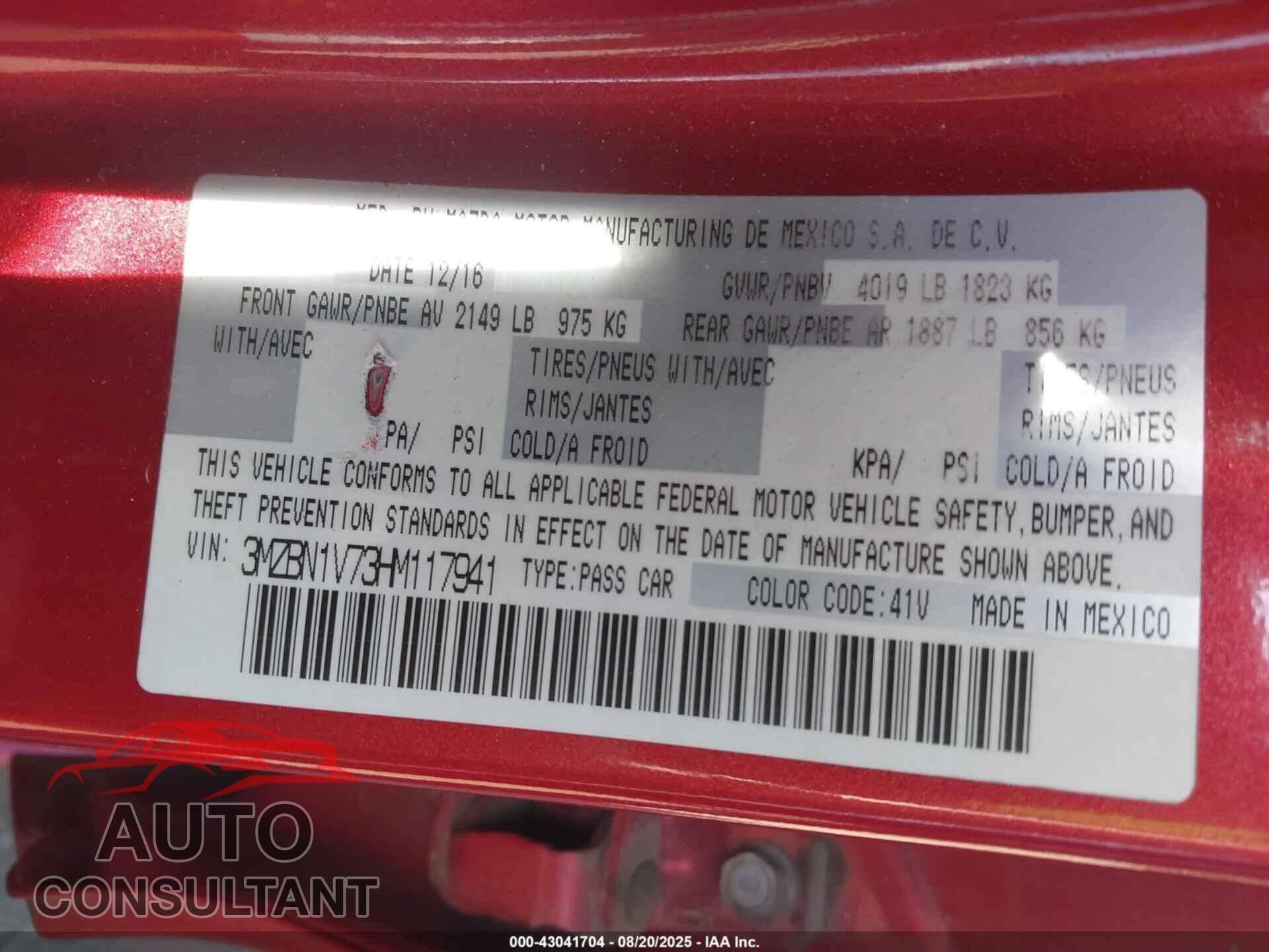 MAZDA MAZDA3 2017 - 3MZBN1V73HM117941