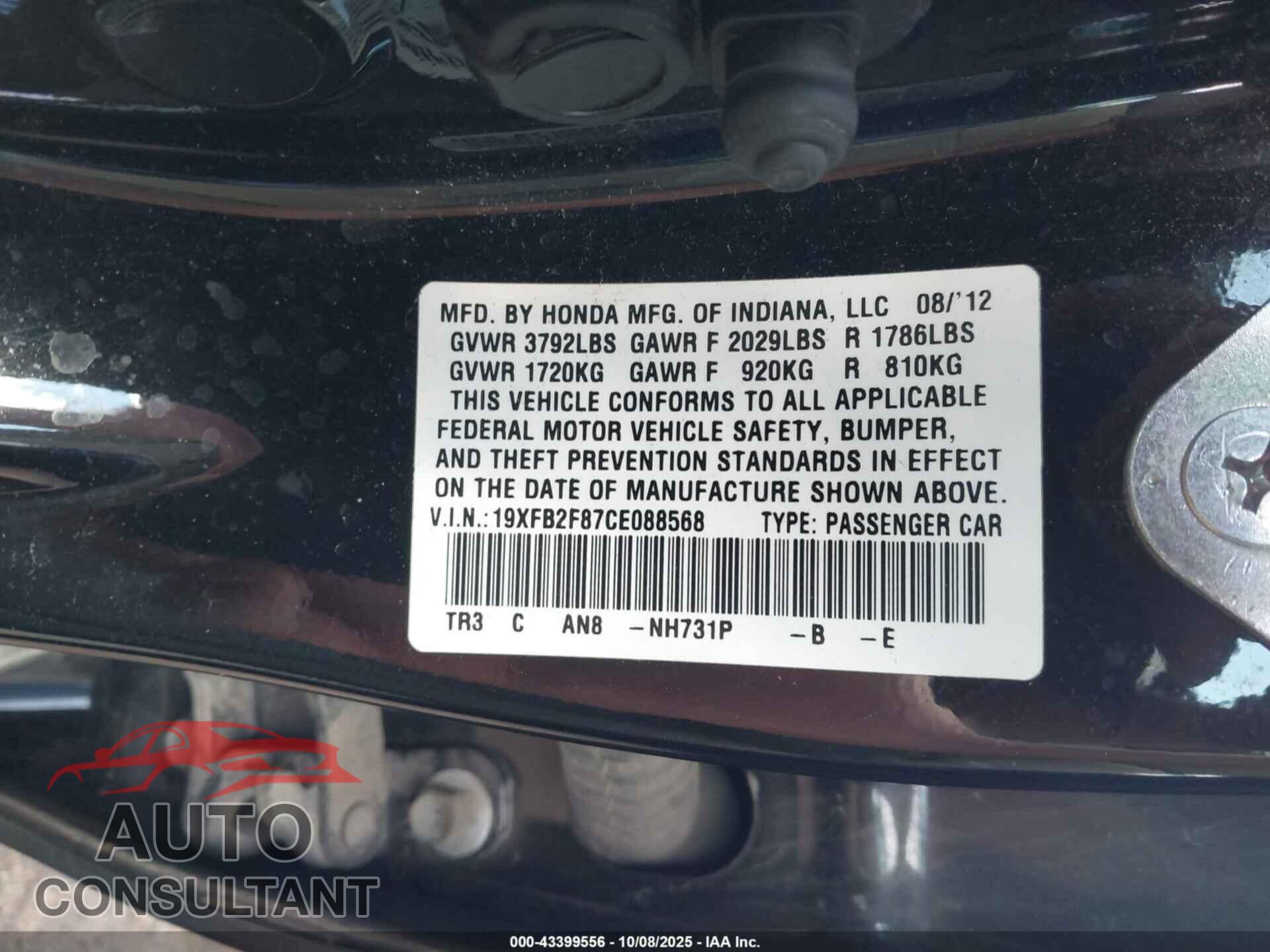 HONDA CIVIC 2012 - 19XFB2F87CE088568