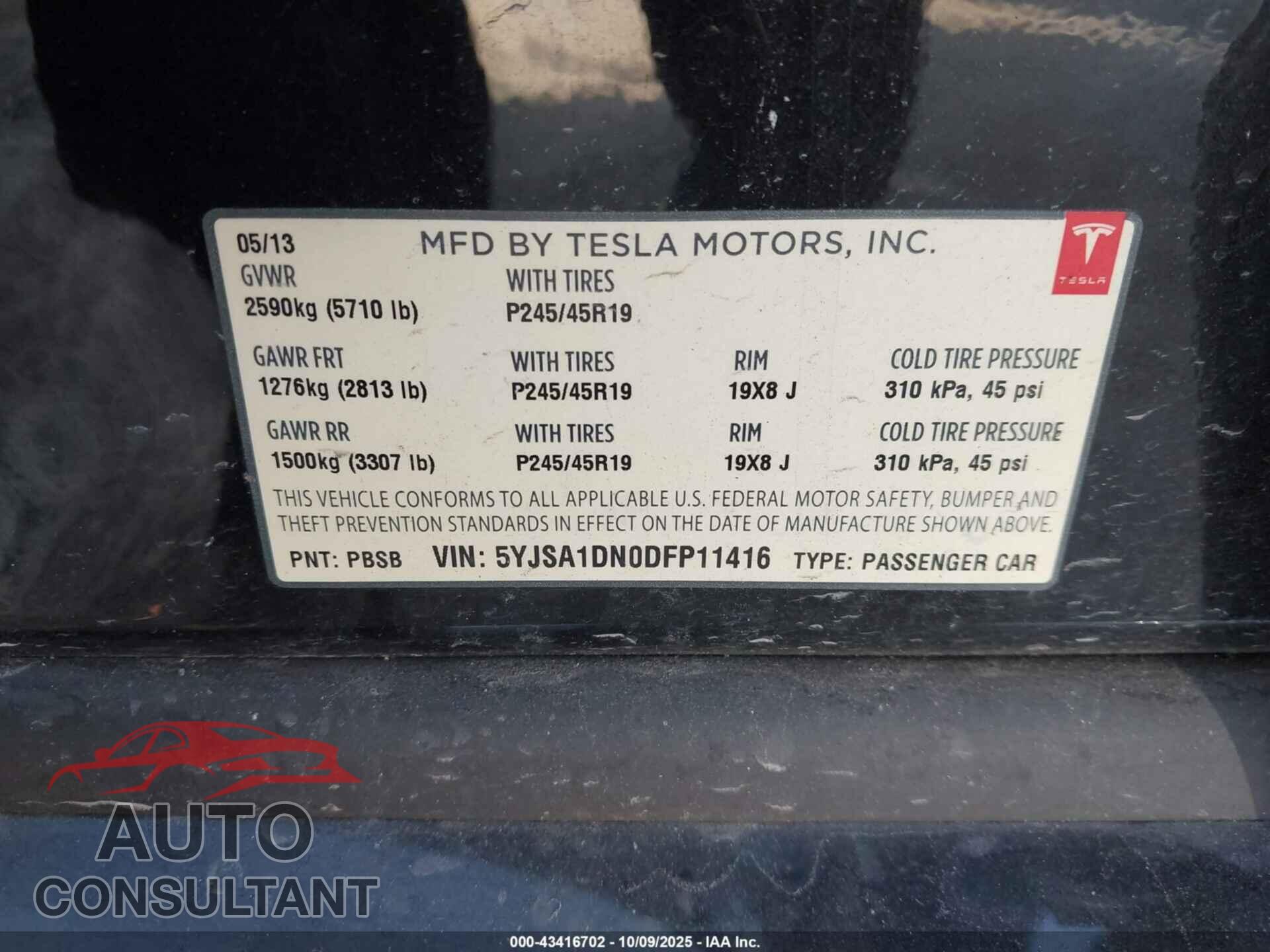 TESLA MODEL S 2013 - 5YJSA1DN0DFP11416