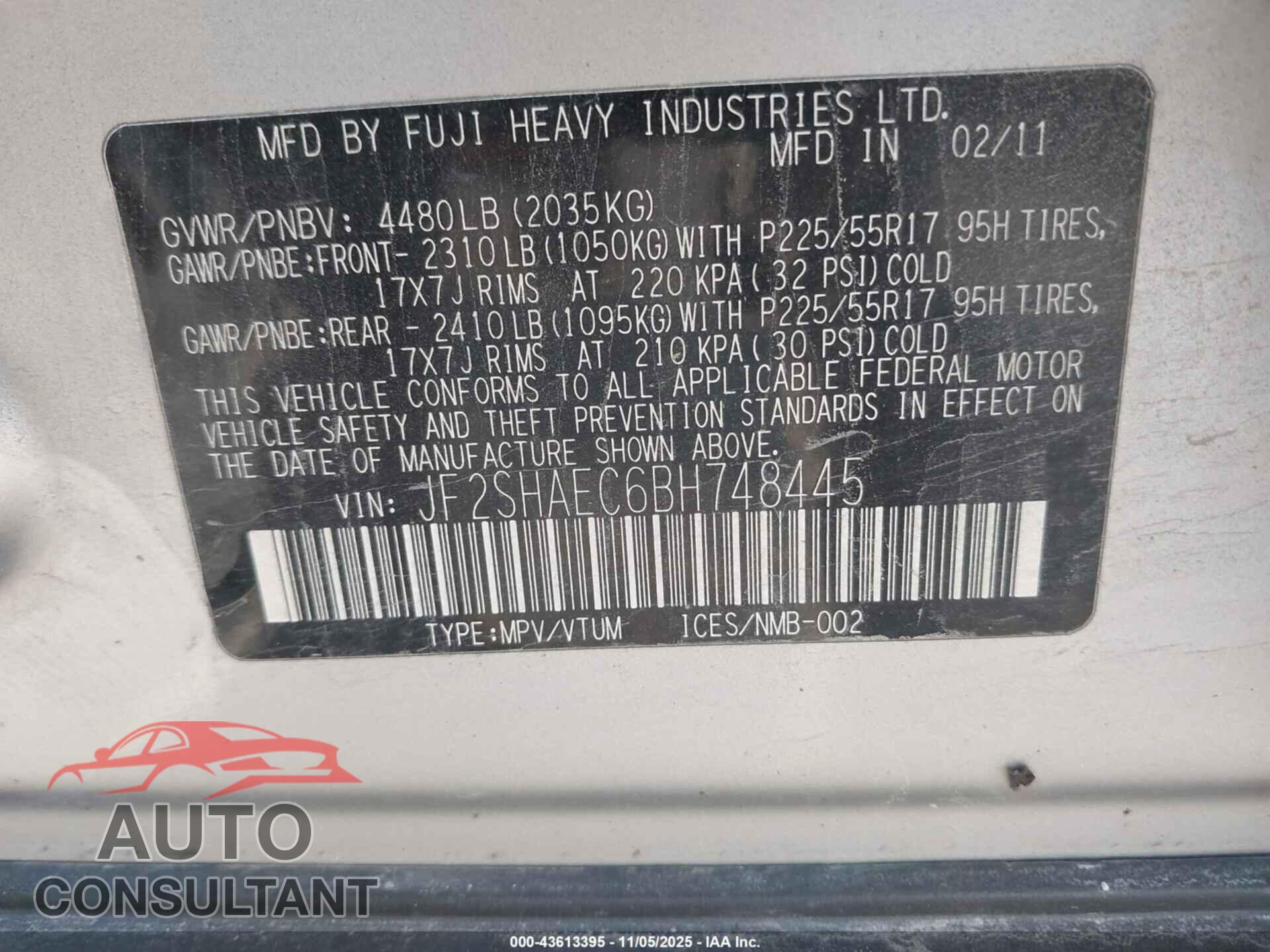 SUBARU FORESTER 2011 - JF2SHAEC6BH748445