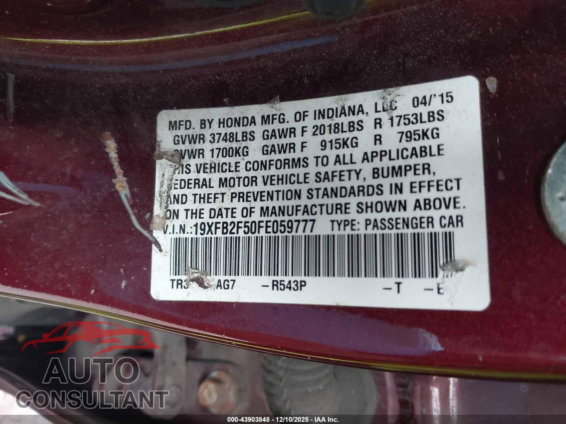 HONDA CIVIC 2015 - 19XFB2F50FE059777
