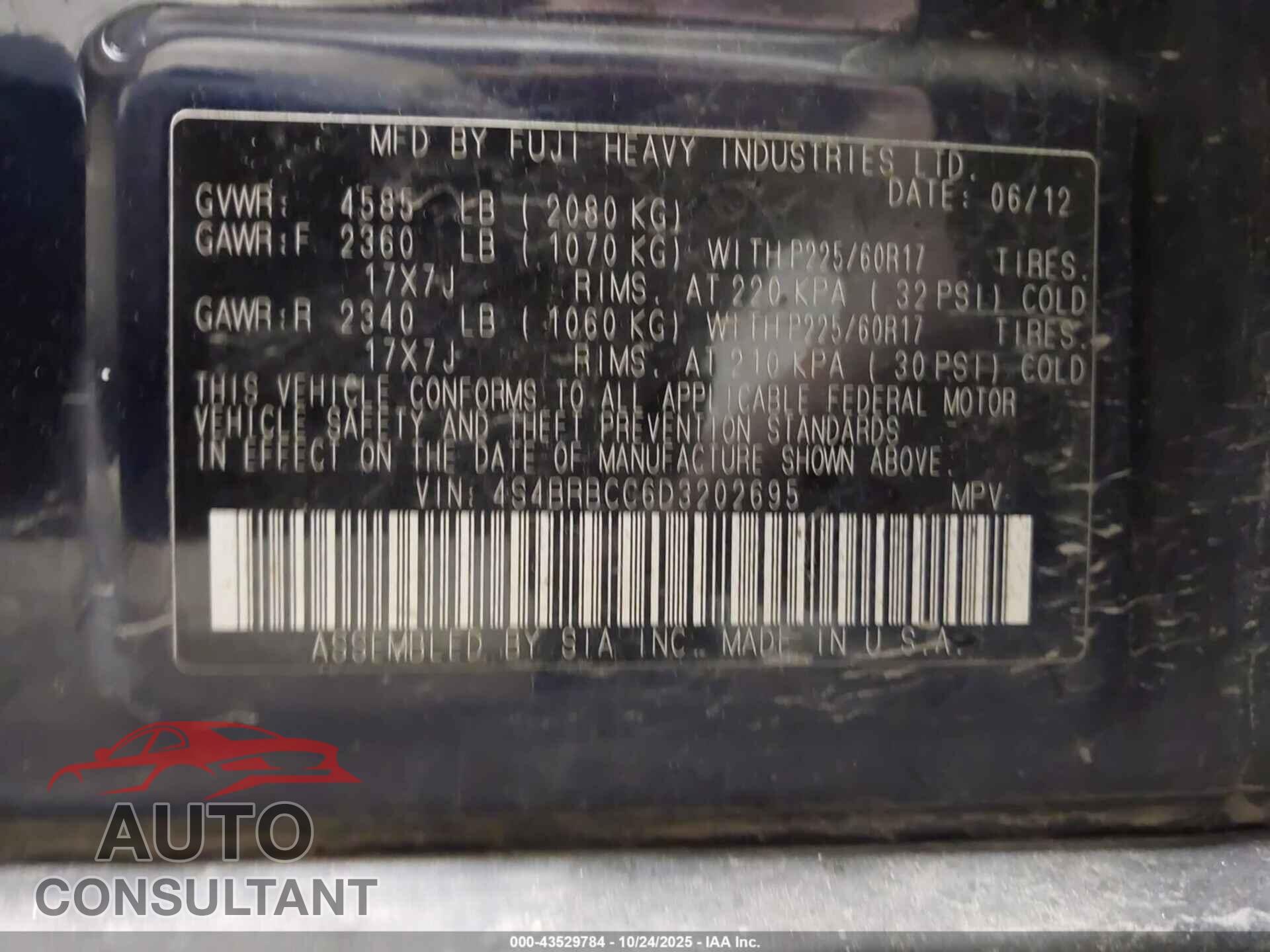 SUBARU OUTBACK 2013 - 4S4BRBCC6D3202695