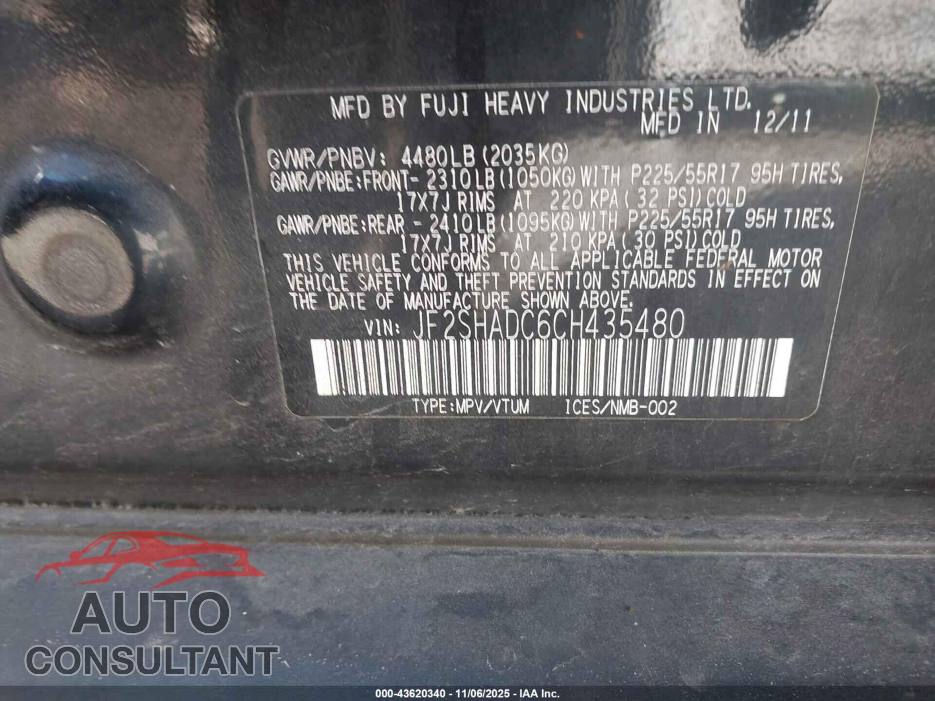 SUBARU FORESTER 2012 - JF2SHADC6CH435480