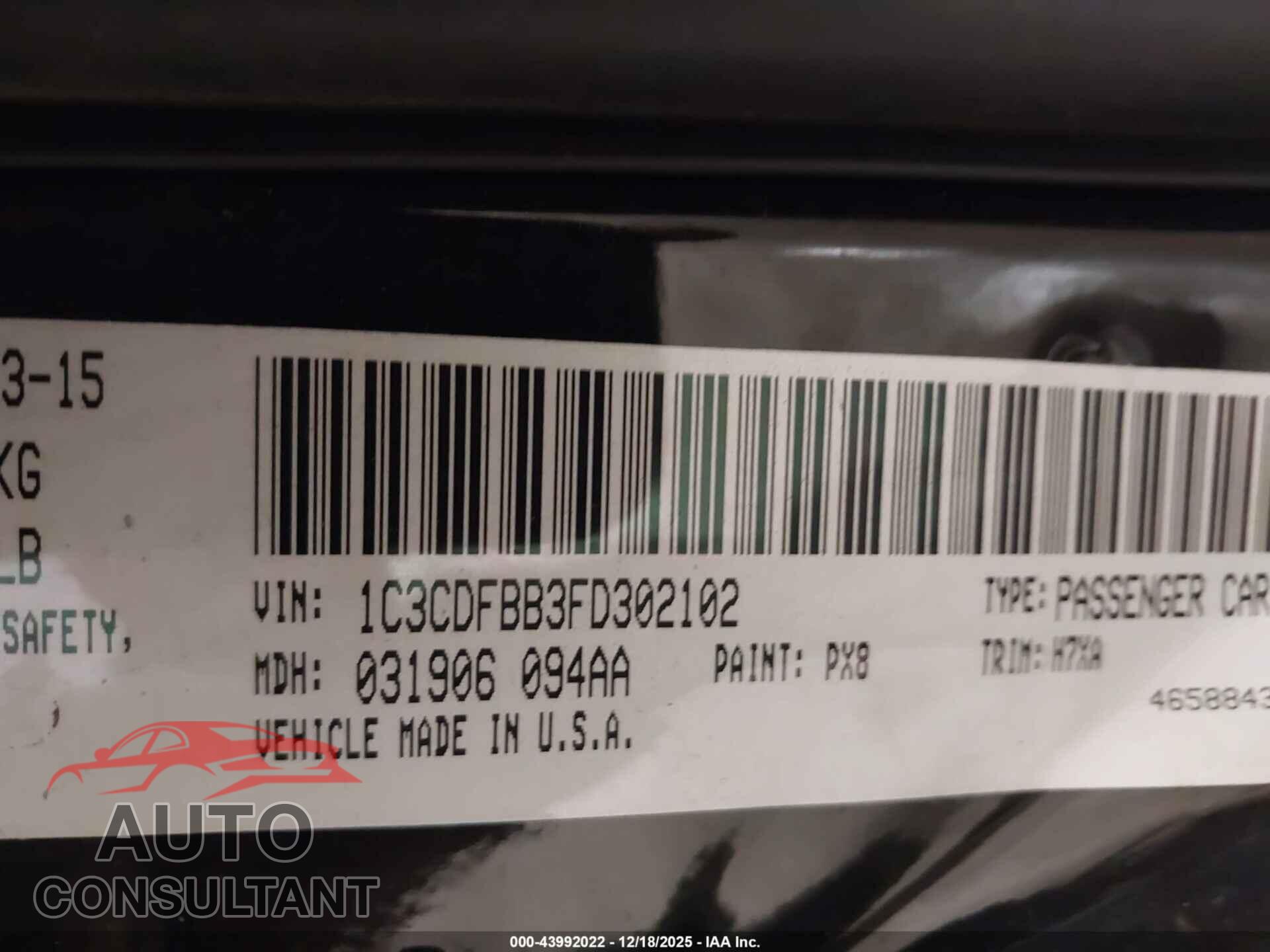 DODGE DART 2015 - 1C3CDFBB3FD302102