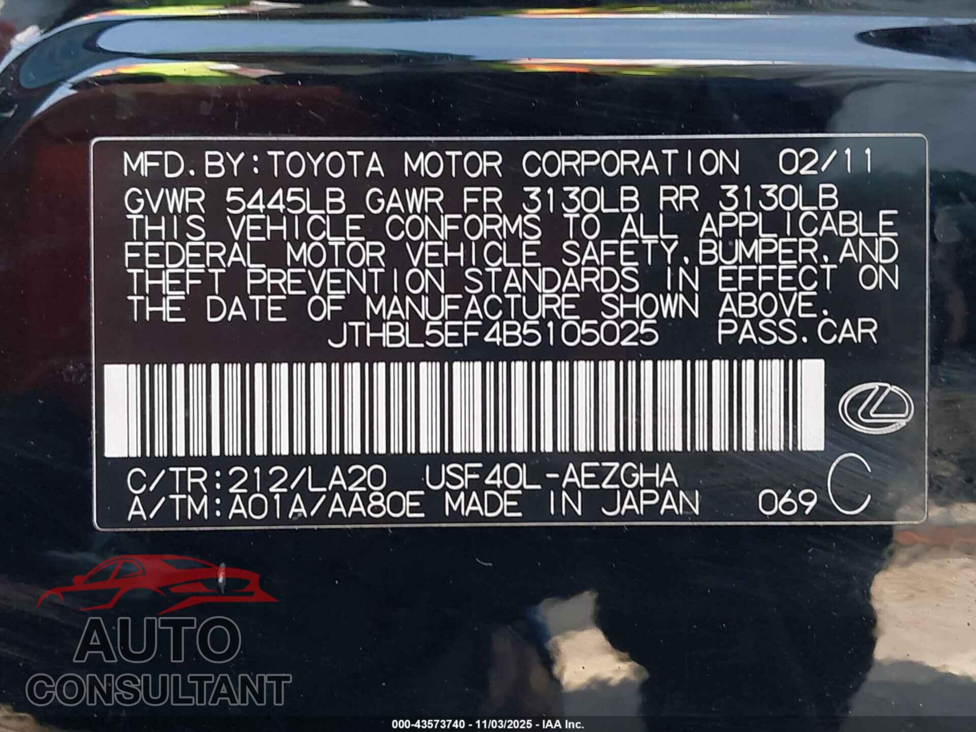 LEXUS LS 460 2011 - JTHBL5EF4B5105025