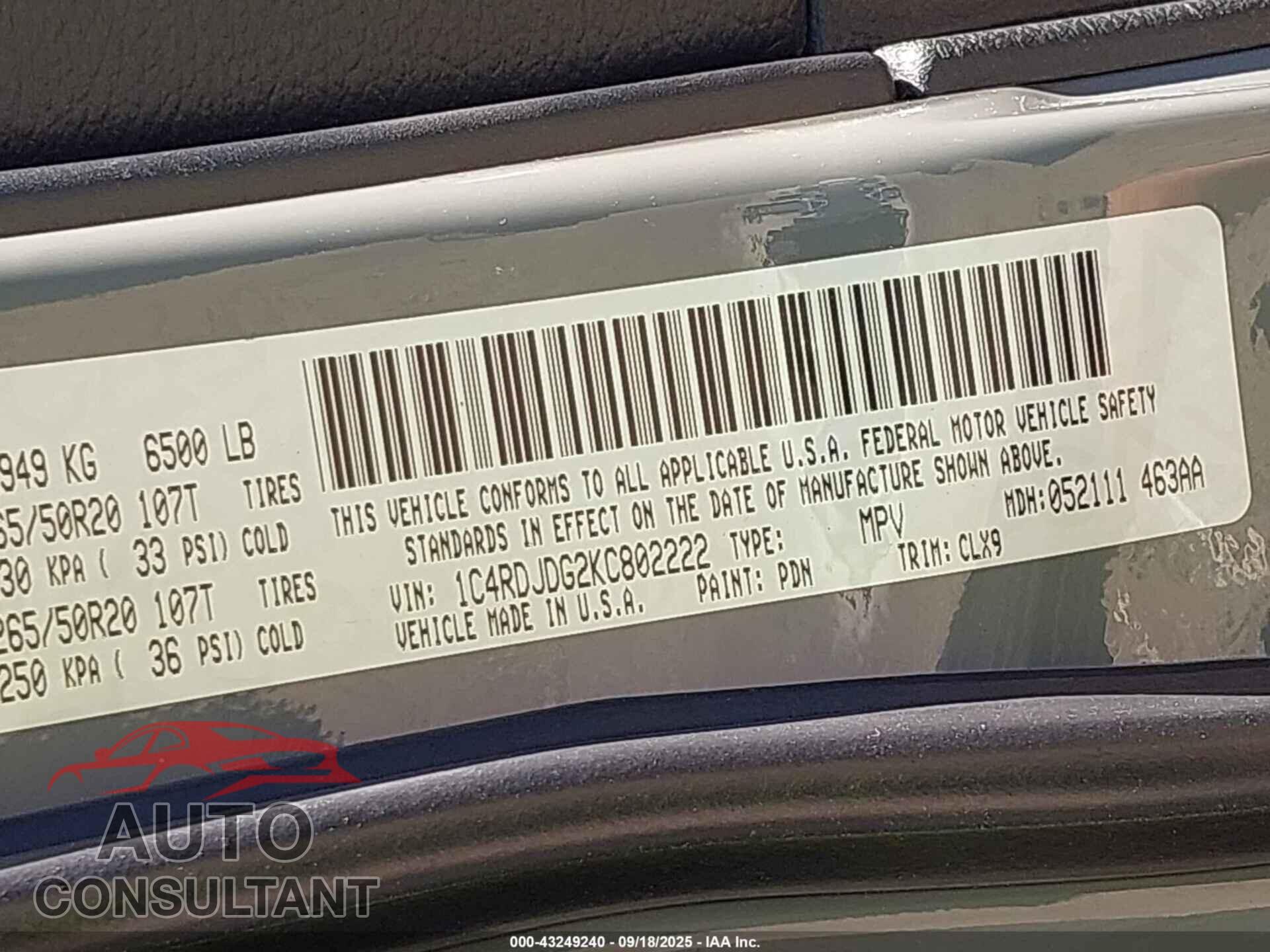 DODGE DURANGO 2019 - 1C4RDJDG2KC802222