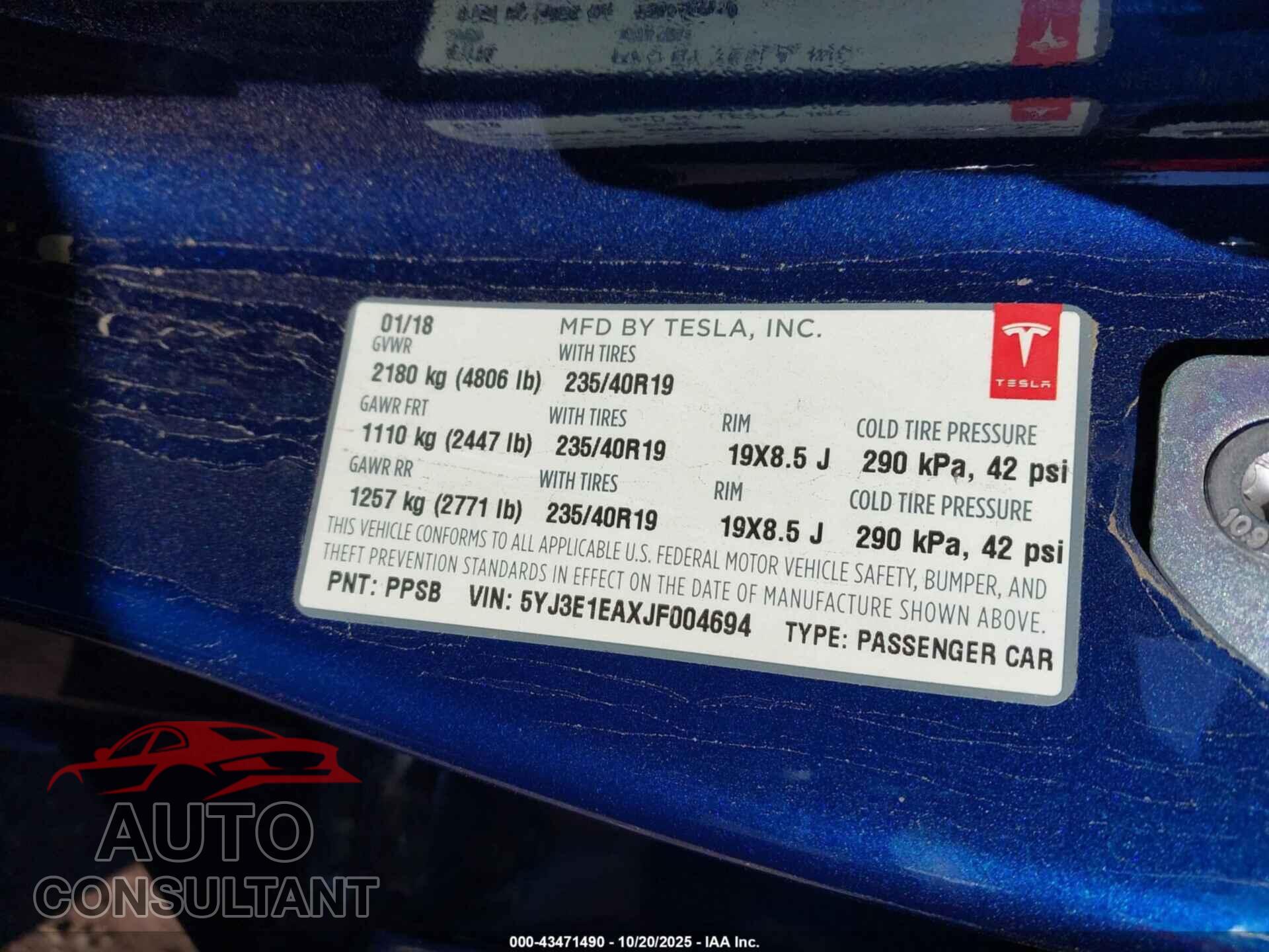 TESLA MODEL 3 2018 - 5YJ3E1EAXJF004694