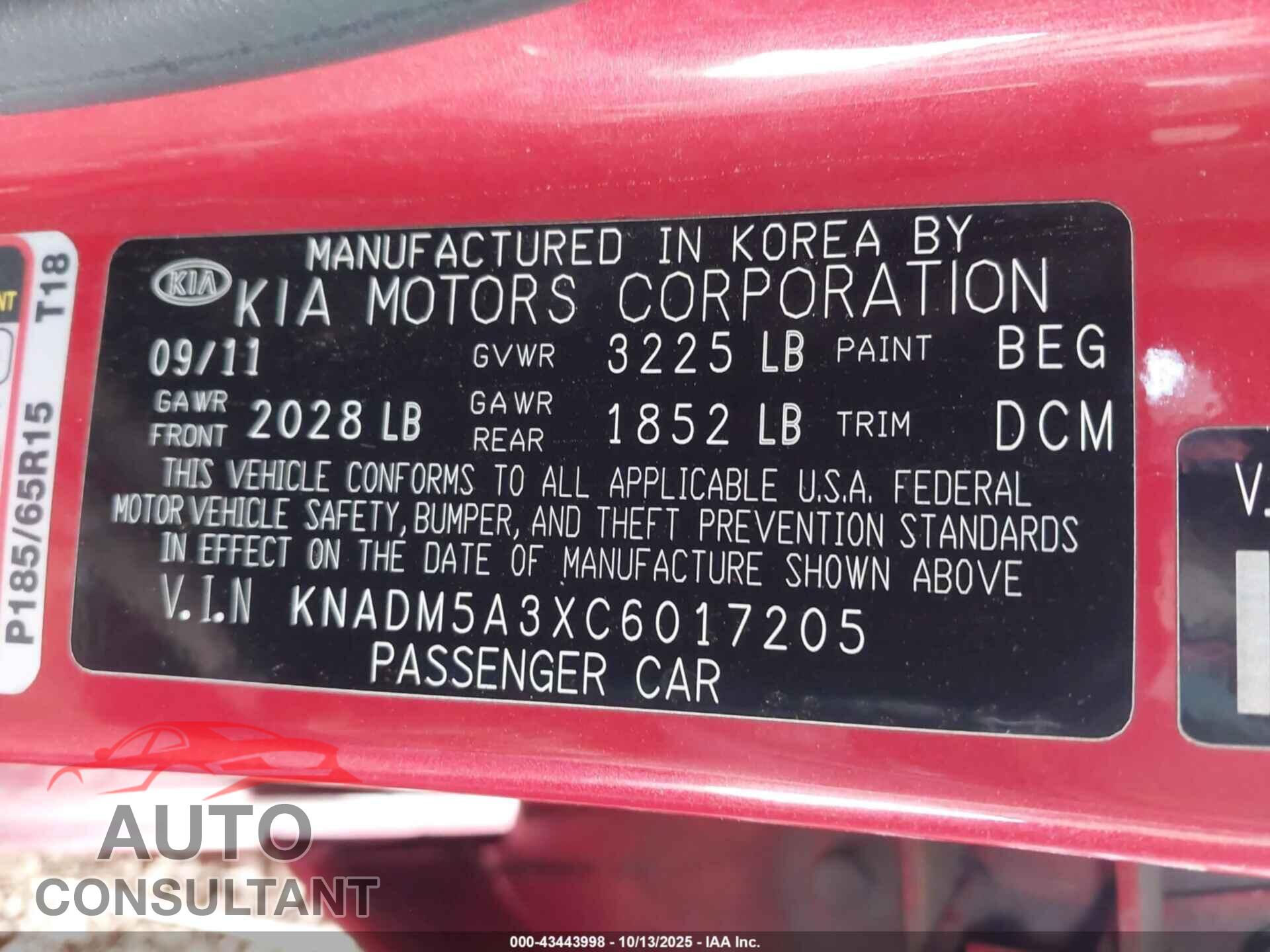 KIA RIO5 2012 - KNADM5A3XC6017205