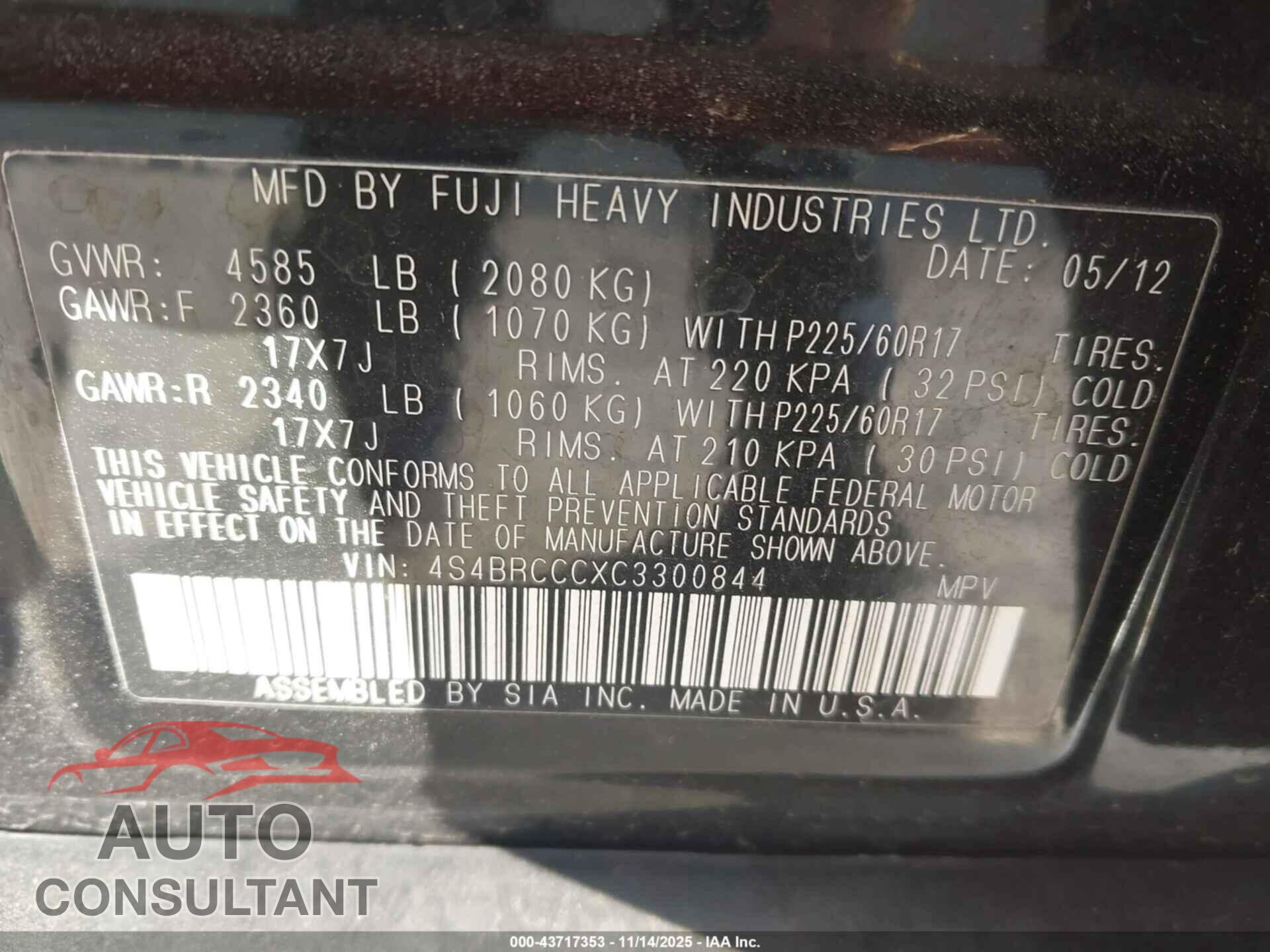 SUBARU OUTBACK 2012 - 4S4BRCCCXC3300844