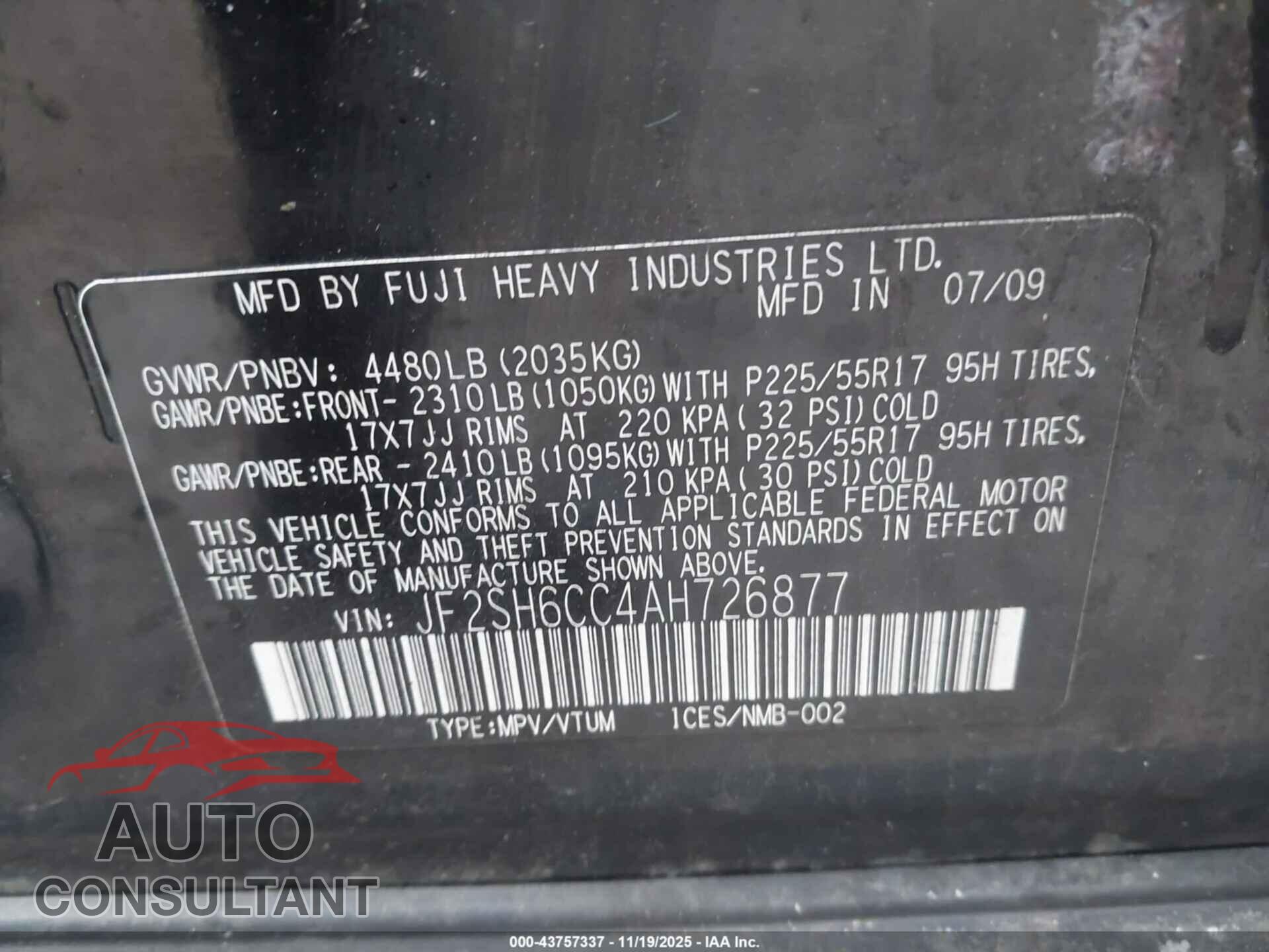 SUBARU FORESTER 2010 - JF2SH6CC4AH726877