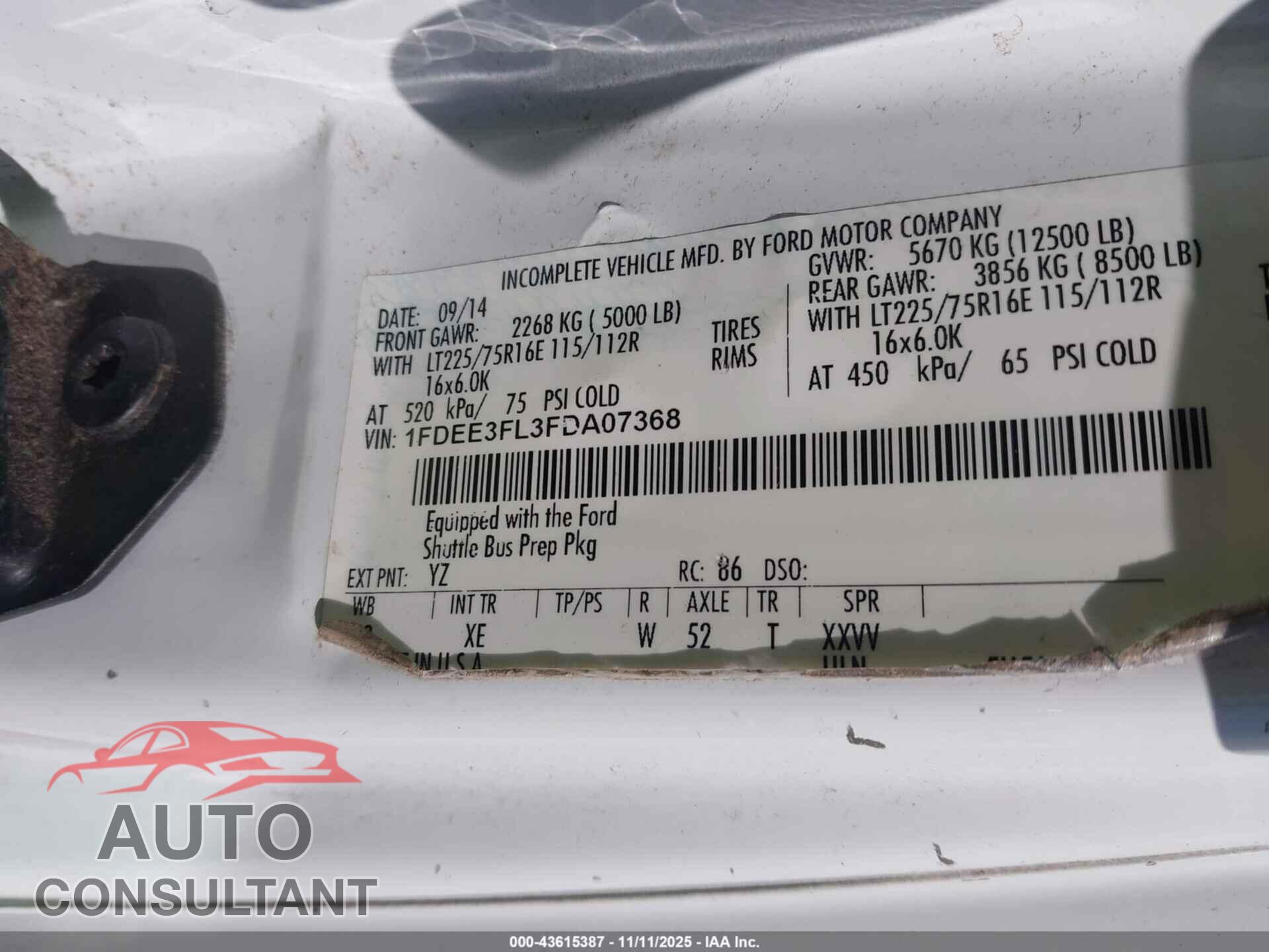 FORD E-350 CUTAWAY 2015 - 1FDEE3FL3FDA07368