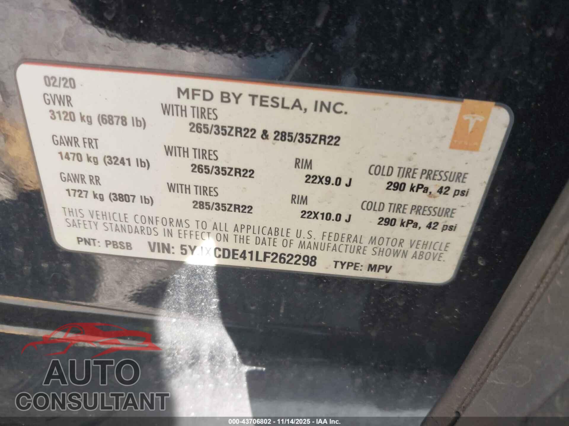TESLA MODEL X 2020 - 5YJXCDE41LF262298
