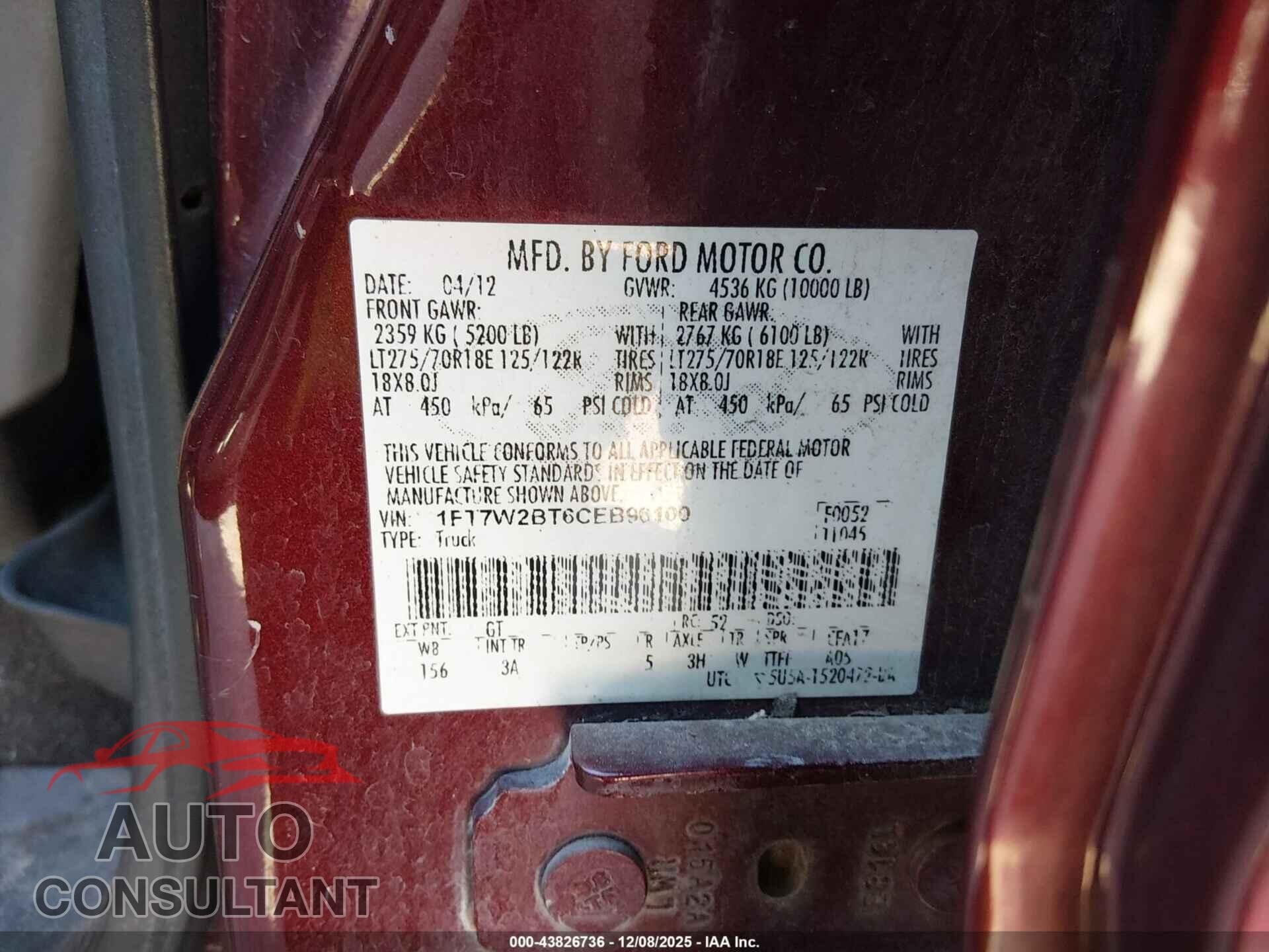 FORD F-250 2012 - 1FT7W2BT6CEB96100