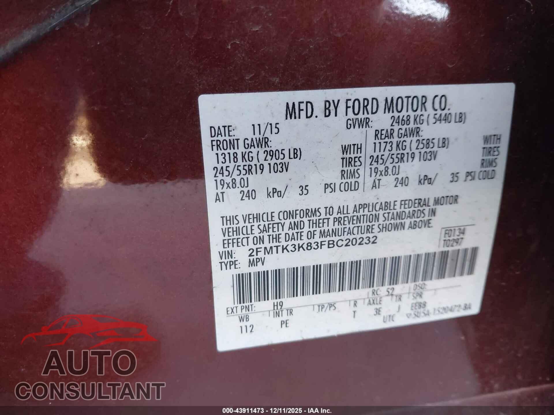 FORD EDGE 2015 - 2FMTK3K83FBC20232