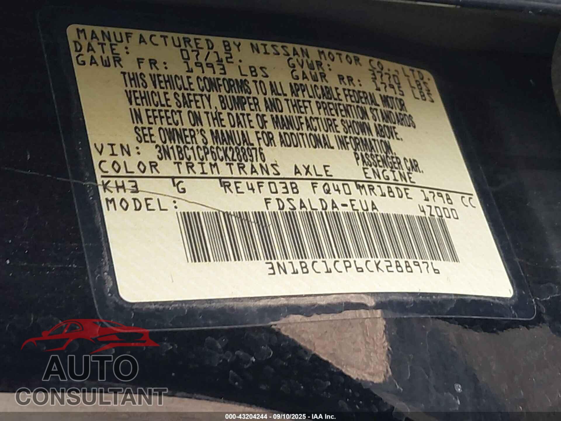 NISSAN VERSA 2012 - 3N1BC1CP6CK288976