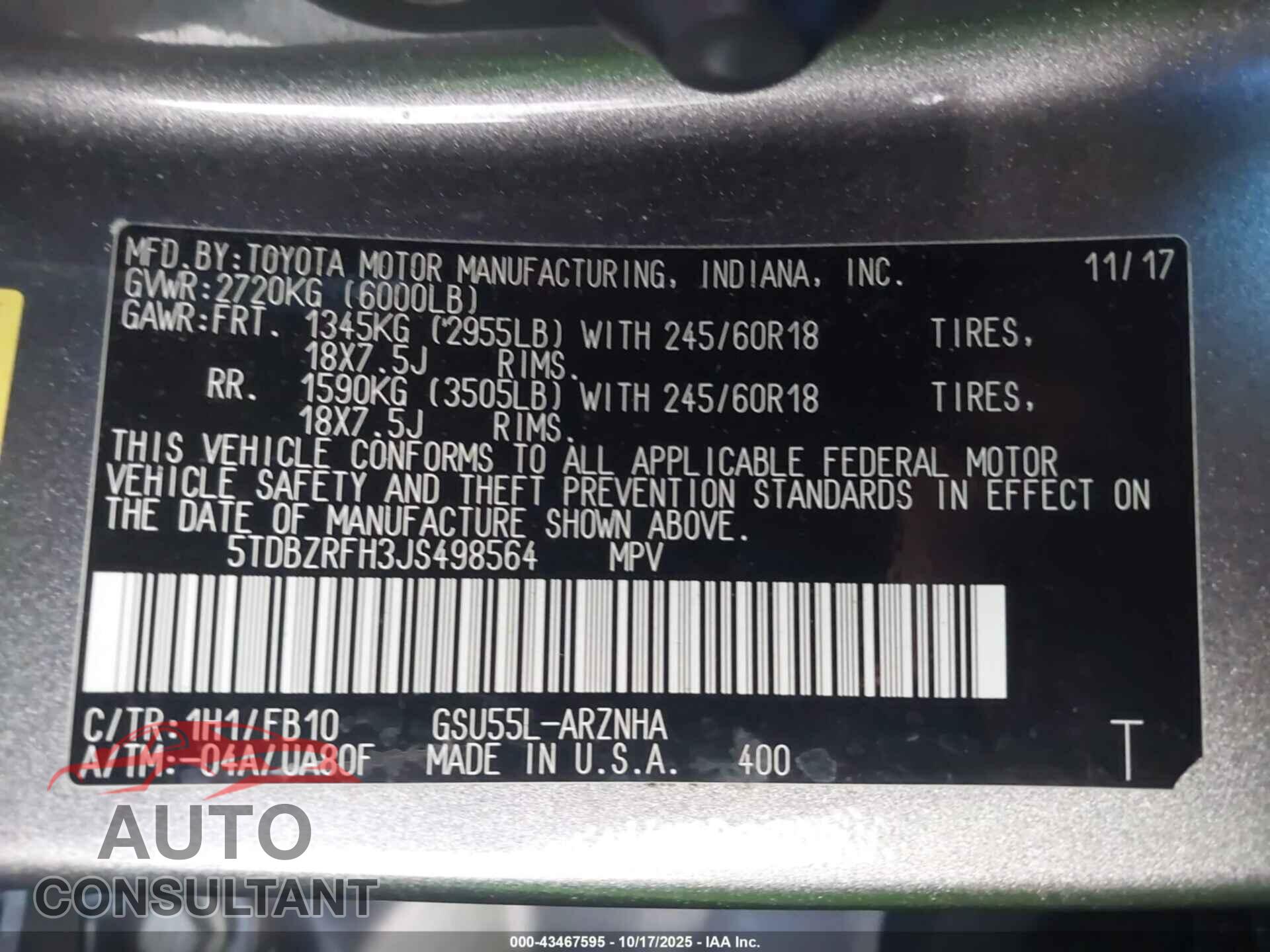 TOYOTA HIGHLANDER 2018 - 5TDBZRFH3JS498564
