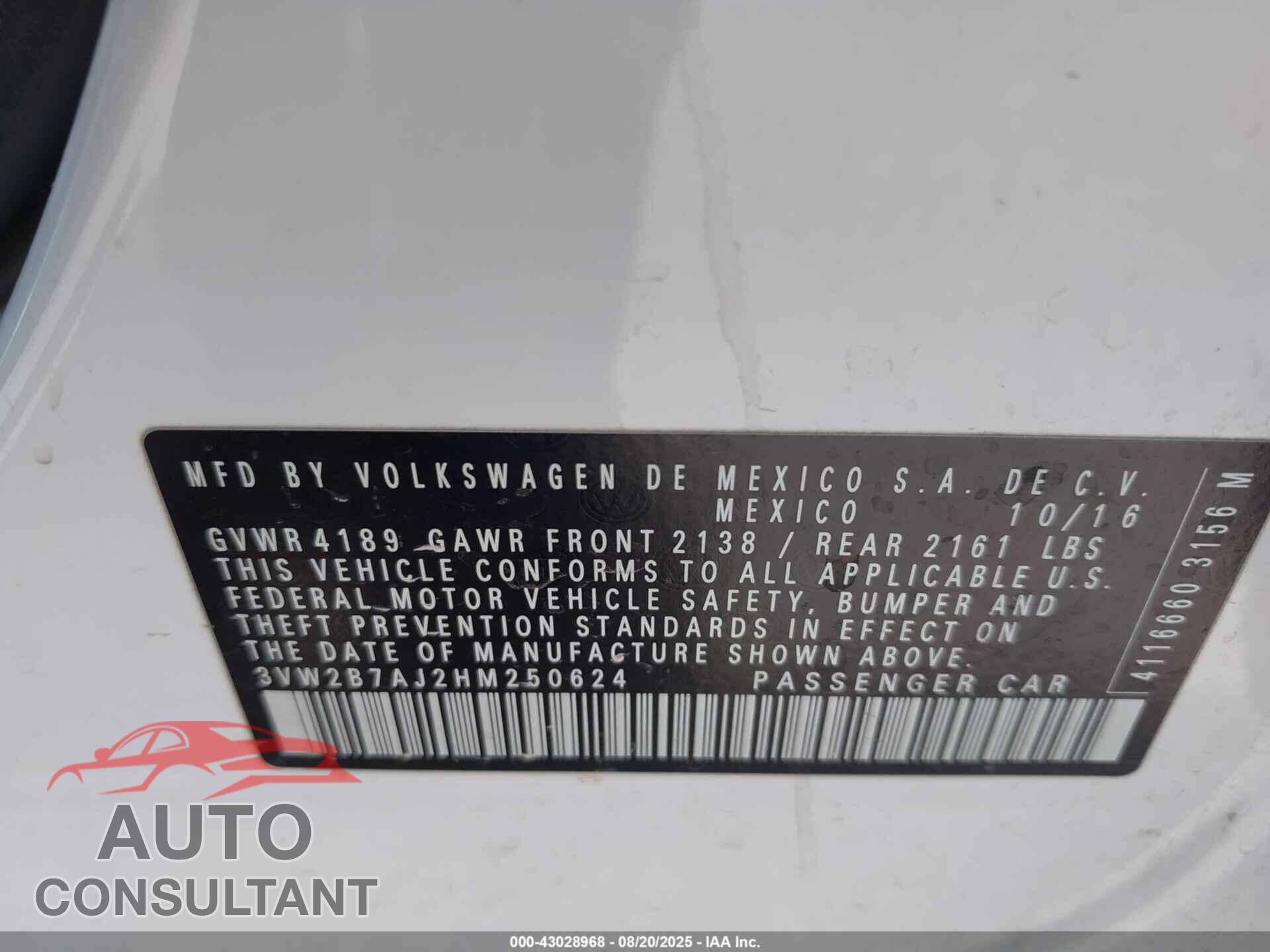 VOLKSWAGEN JETTA 2017 - 3VW2B7AJ2HM250624