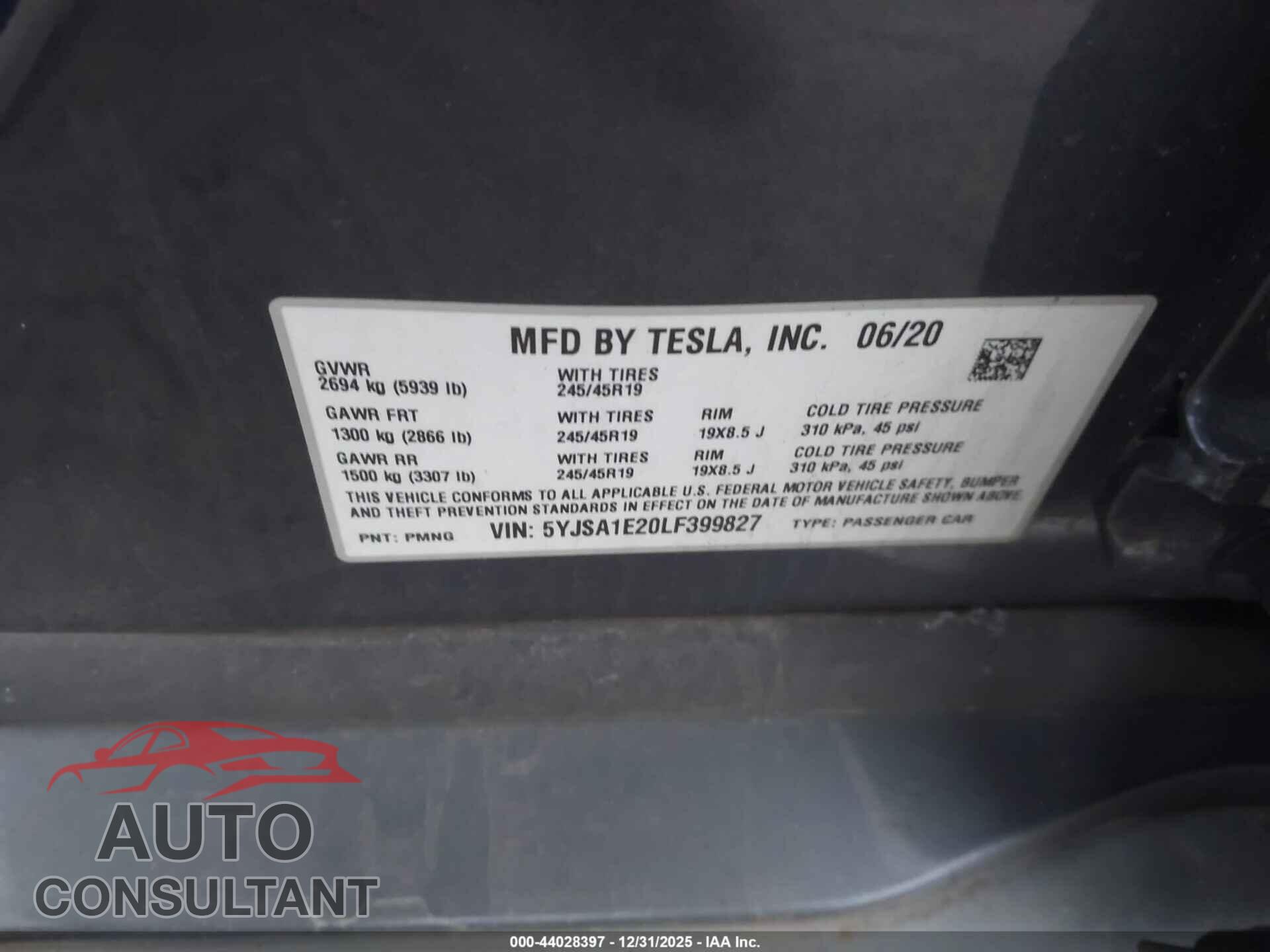 TESLA MODEL S 2020 - 5YJSA1E20LF399827