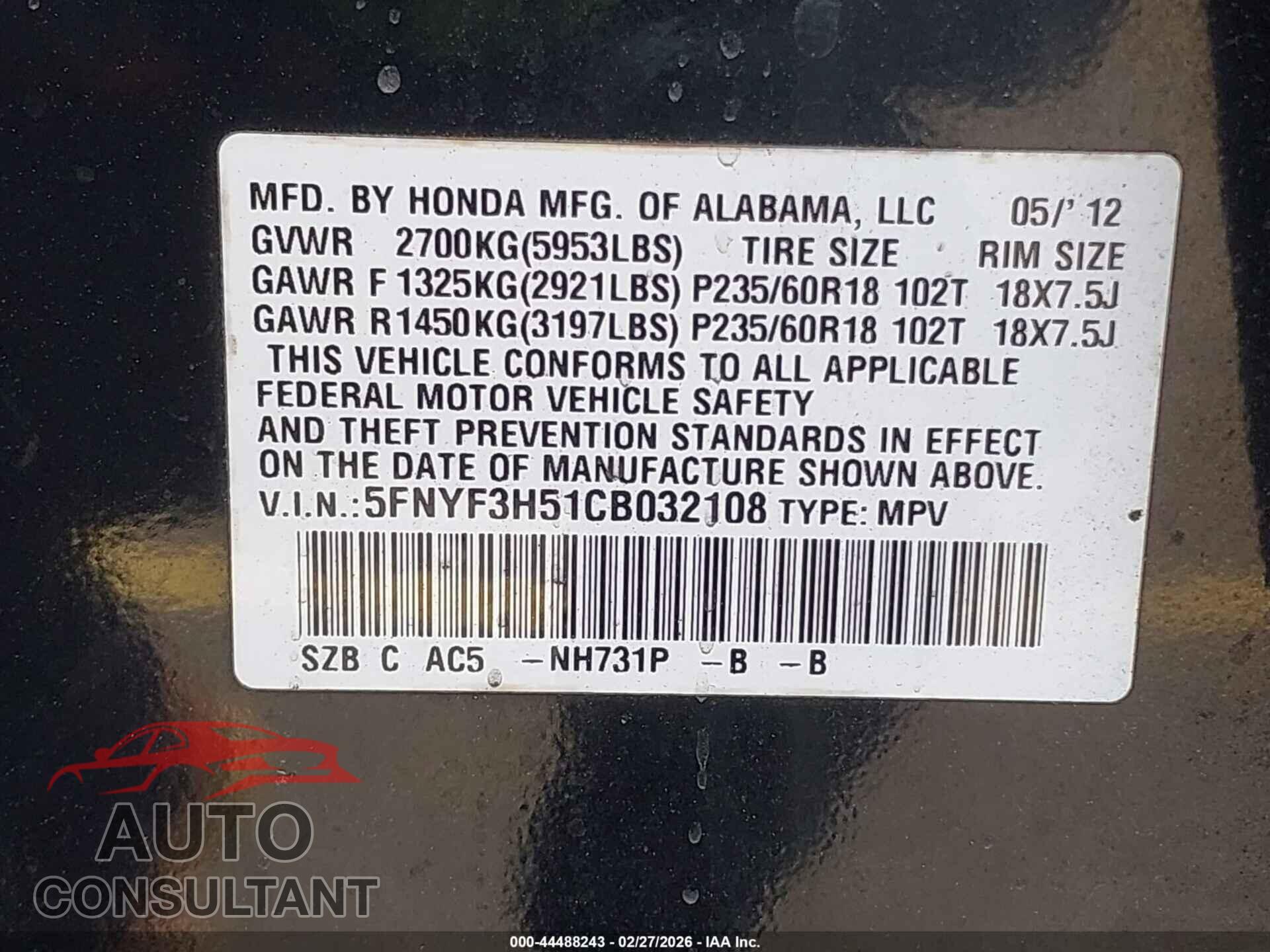 HONDA PILOT 2012 - 5FNYF3H51CB032108