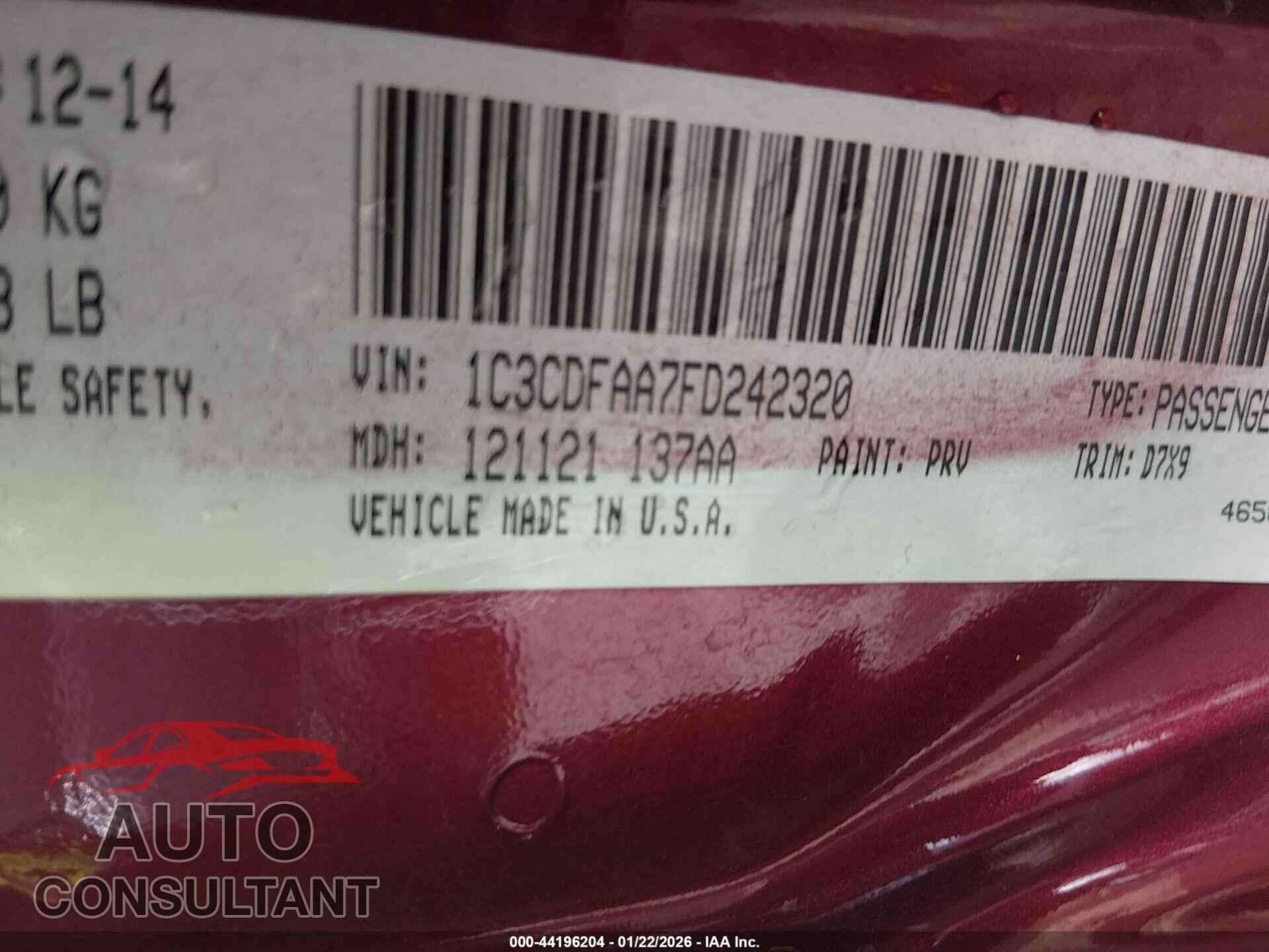 DODGE DART 2015 - 1C3CDFAA7FD242320