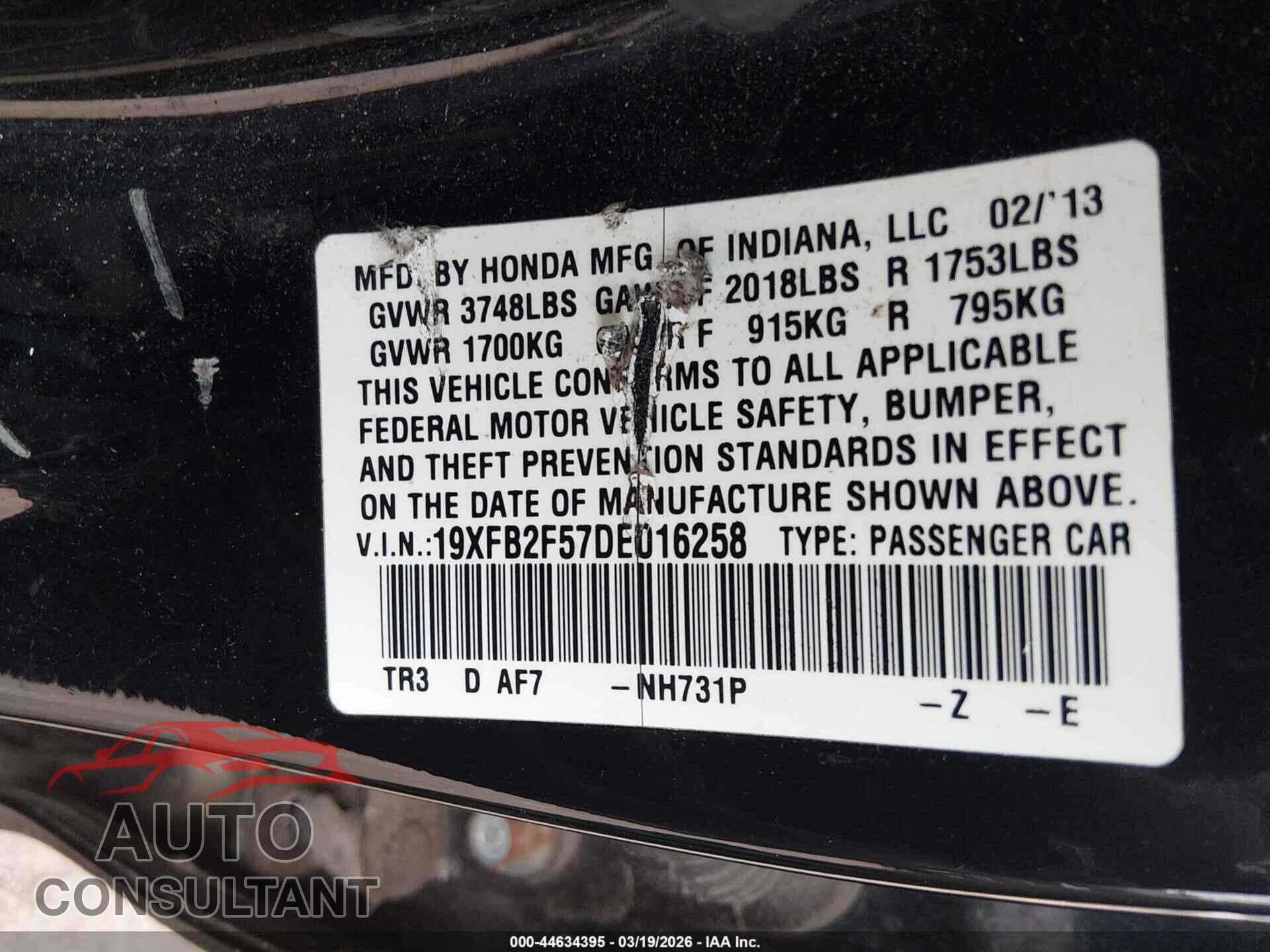HONDA CIVIC 2013 - 19XFB2F57DE016258