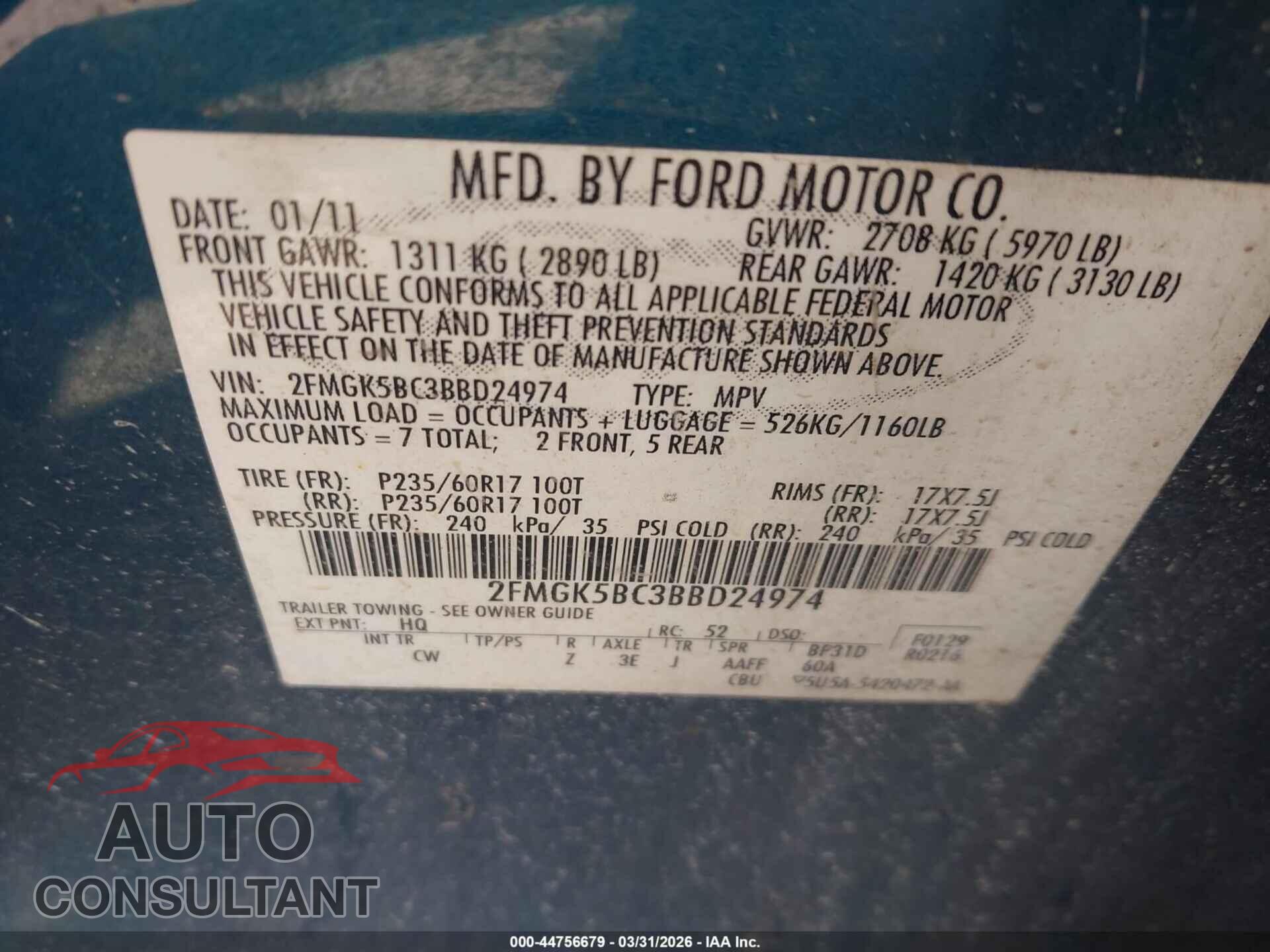 FORD FLEX 2011 - 2FMGK5BC3BBD24974