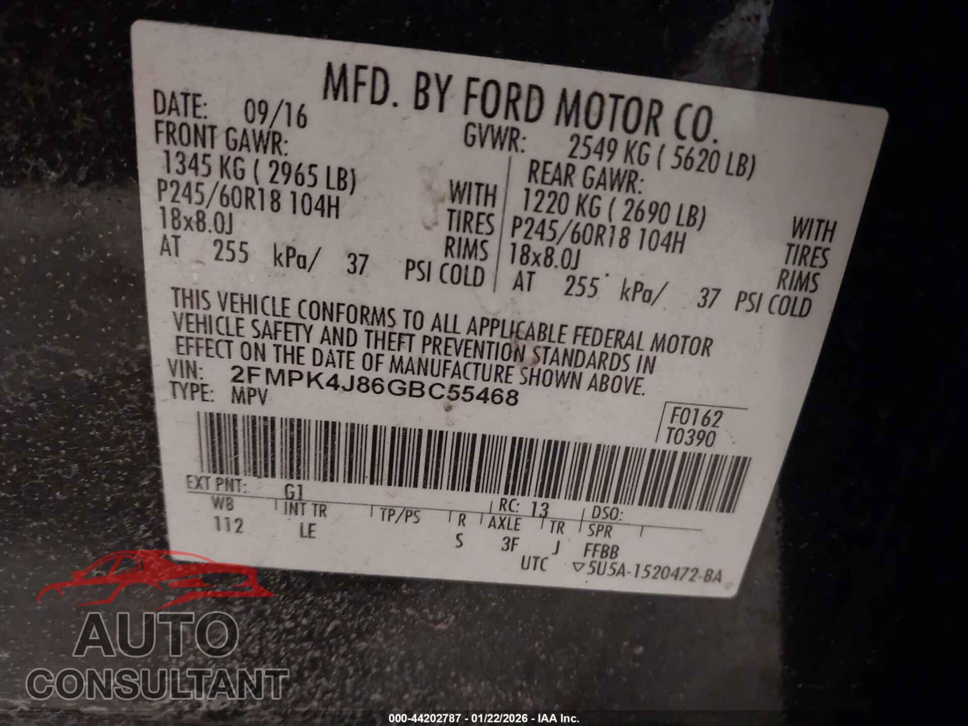 FORD EDGE 2016 - 2FMPK4J86GBC55468