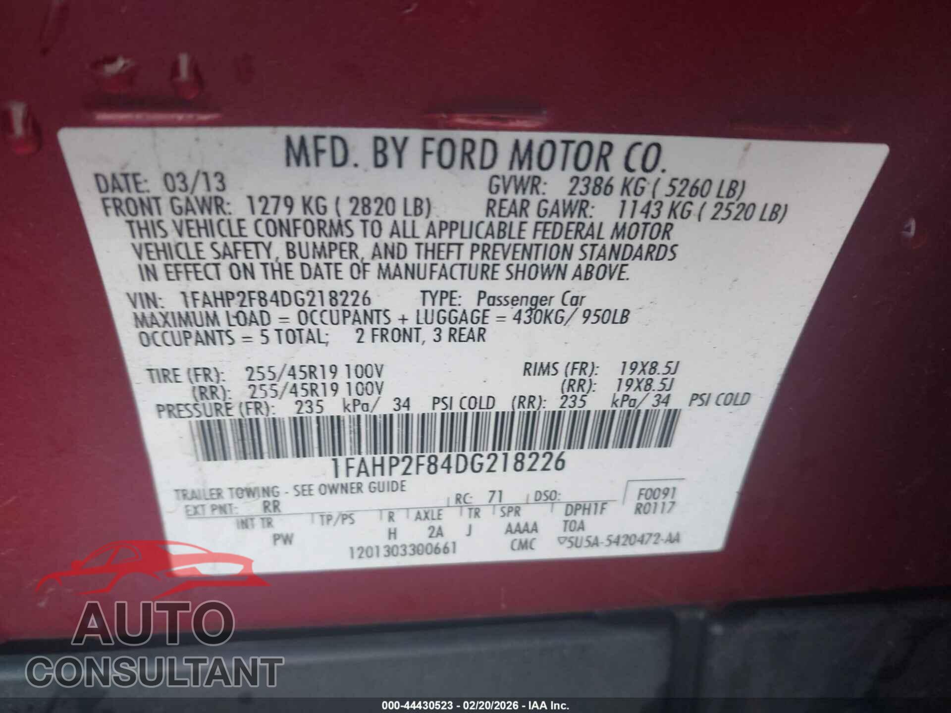 FORD TAURUS 2013 - 1FAHP2F84DG218226