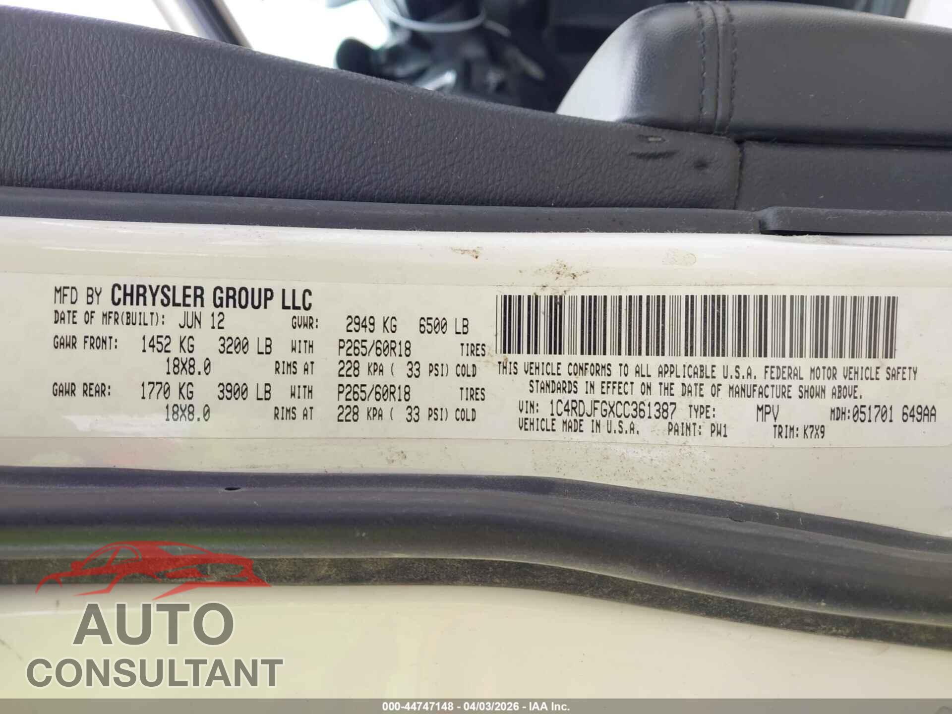 DODGE DURANGO 2012 - 1C4RDJFGXCC361387