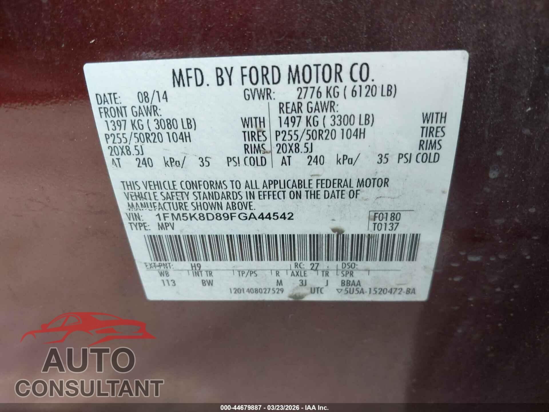 FORD EXPLORER 2015 - 1FM5K8D89FGA44542