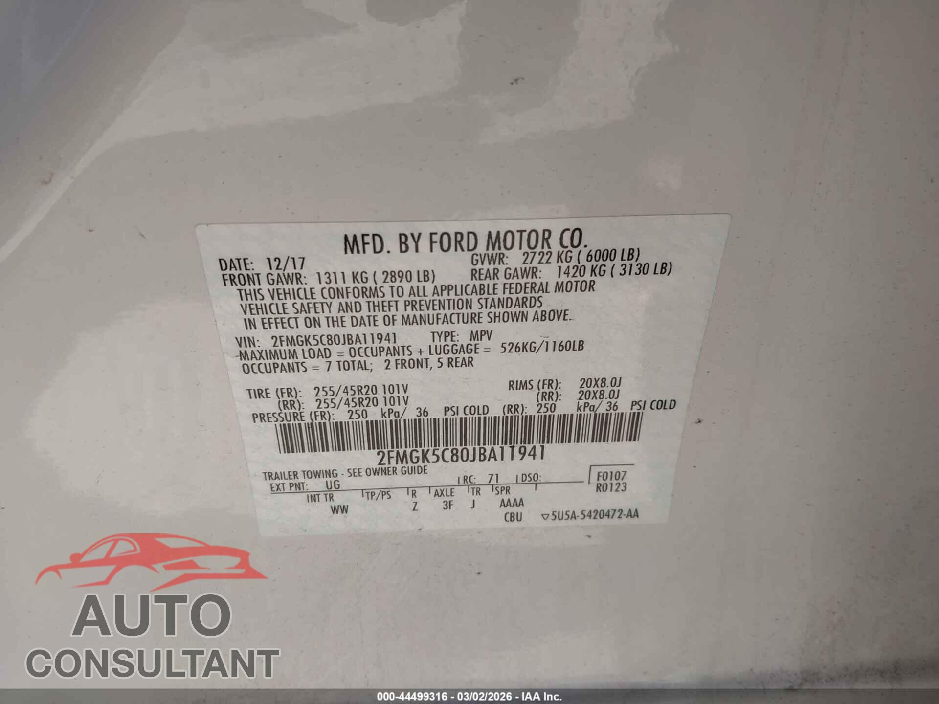 FORD FLEX 2018 - 2FMGK5C80JBA11941