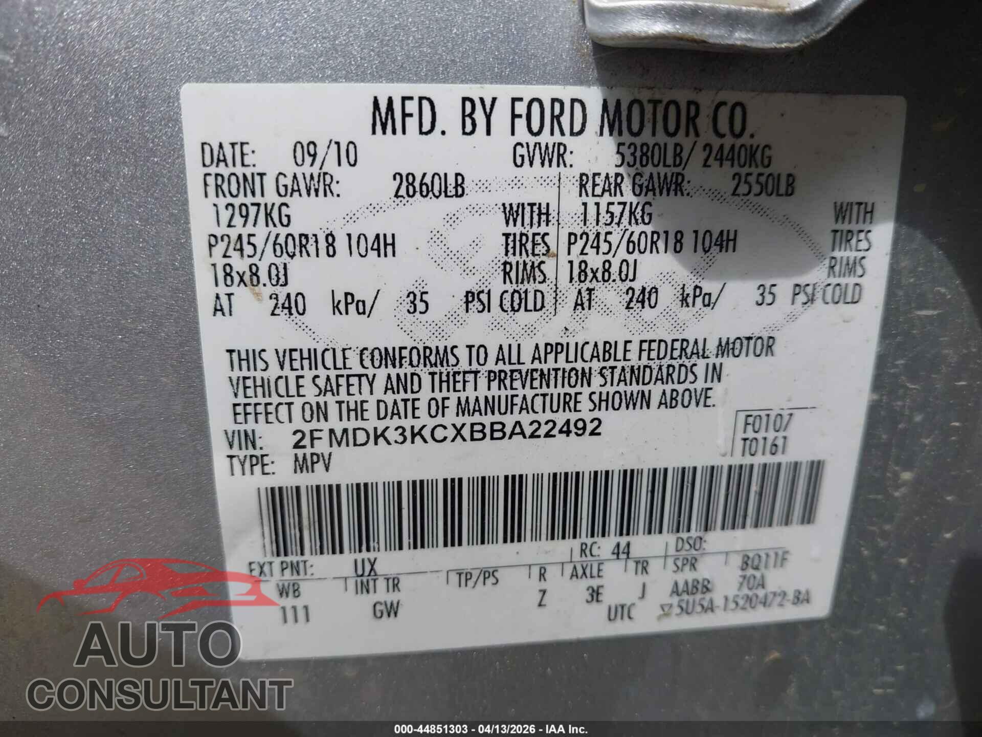 FORD EDGE 2011 - 2FMDK3KCXBBA22492